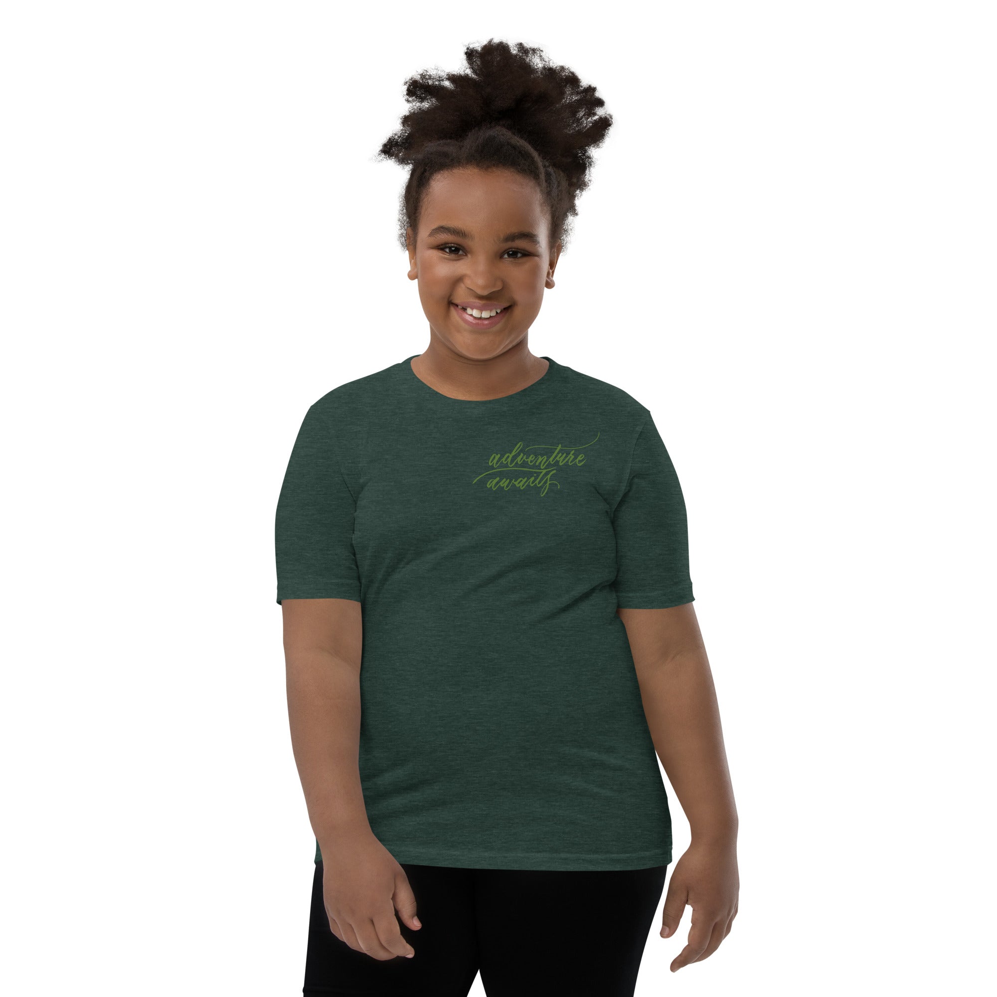 YOUTH SIZES - Script "Adventure Awaits" Green Calligraphy Printed Kids Short Sleeve T-Shirt