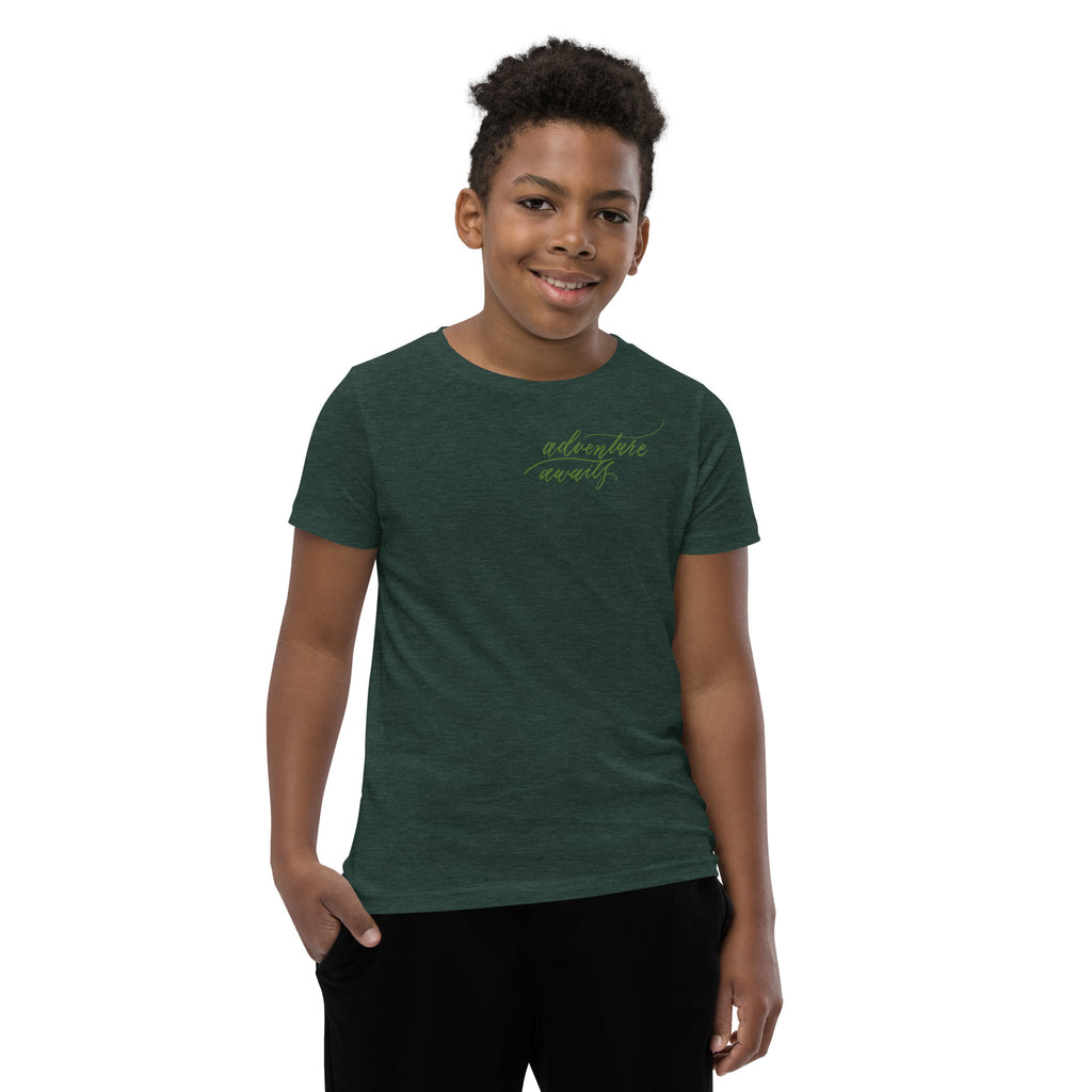 YOUTH SIZES - Script "Adventure Awaits" Green Calligraphy Printed Kids Short Sleeve T-Shirt