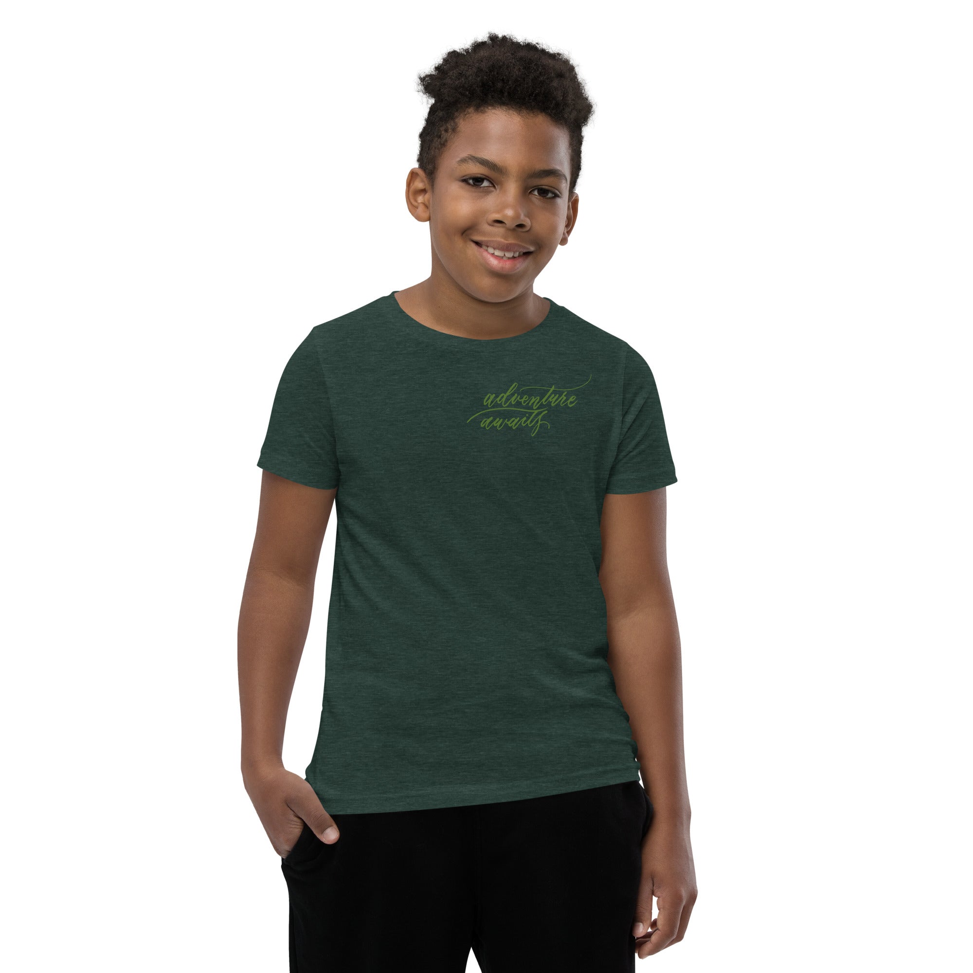 YOUTH SIZES - Script "Adventure Awaits" Green Calligraphy Printed Kids Short Sleeve T-Shirt