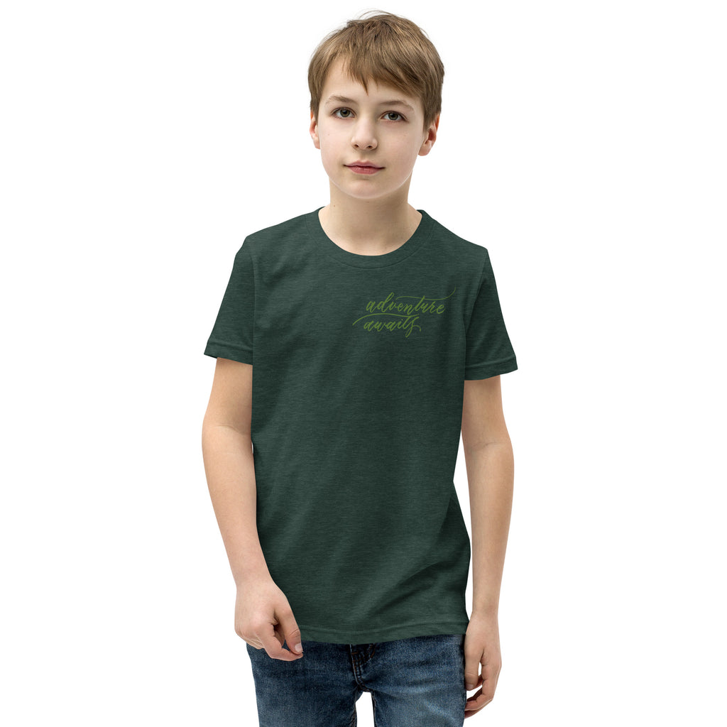 YOUTH SIZES - Script "Adventure Awaits" Green Calligraphy Printed Kids Short Sleeve T-Shirt