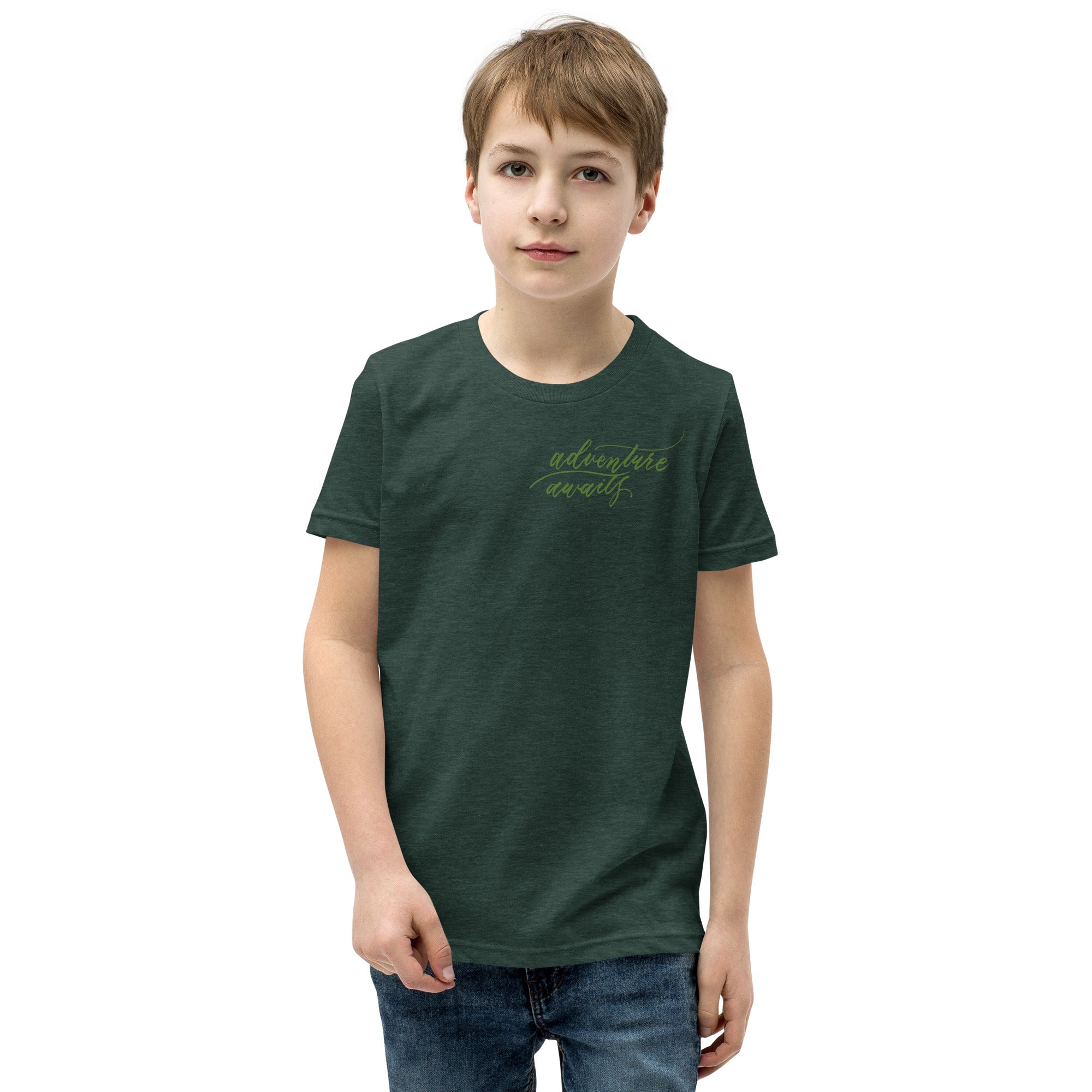 YOUTH SIZES - Script "Adventure Awaits" Green Calligraphy Printed Kids Short Sleeve T-Shirt