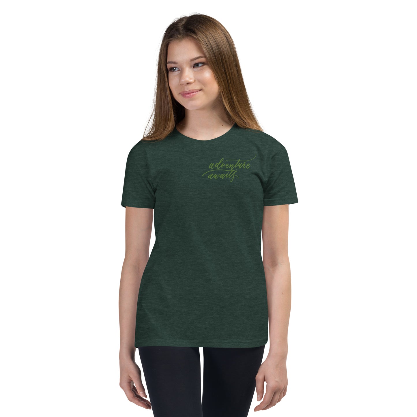 Script "Adventure Awaits" Green Calligraphy Printed Youth Short Sleeve T-Shirt