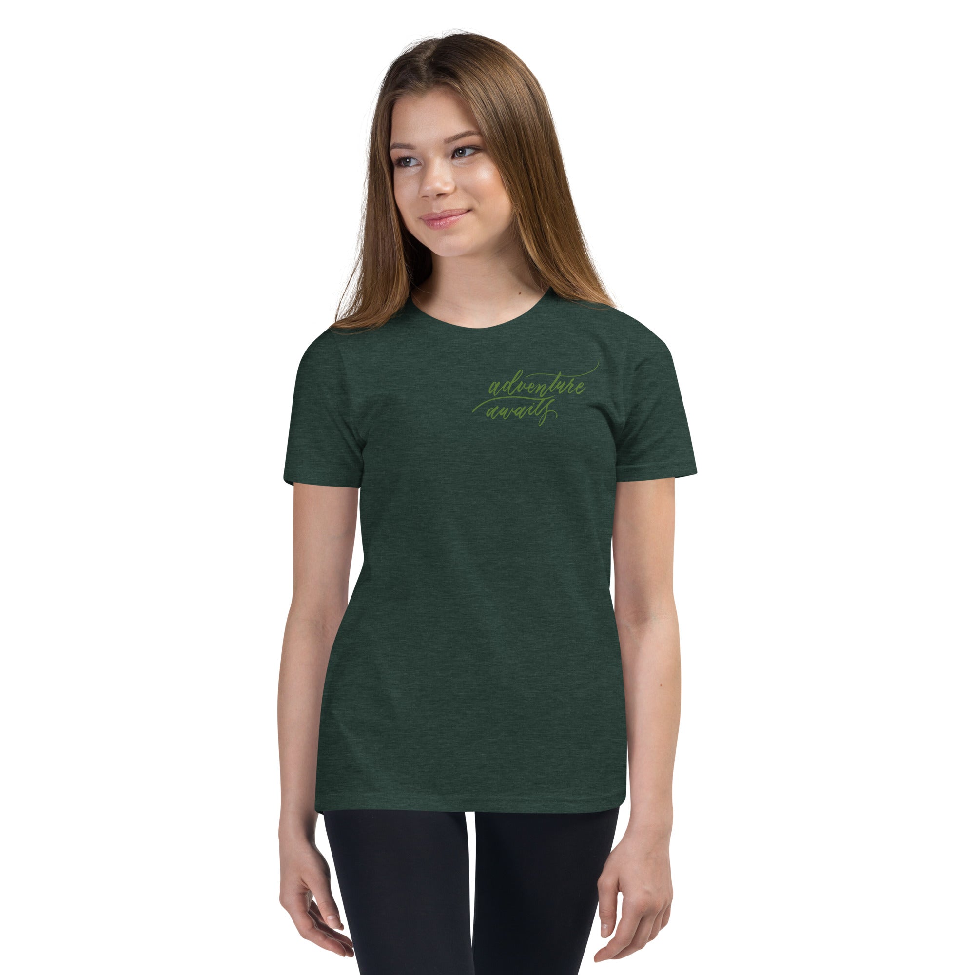 YOUTH SIZES - Script "Adventure Awaits" Green Calligraphy Printed Kids Short Sleeve T-Shirt
