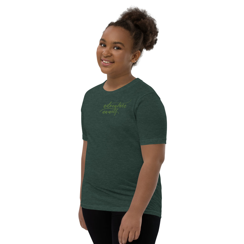 YOUTH SIZES - Script "Adventure Awaits" Green Calligraphy Printed Kids Short Sleeve T-Shirt
