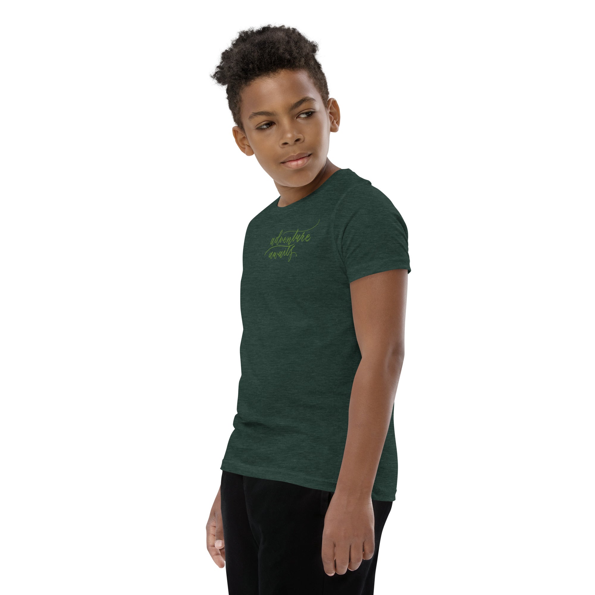 YOUTH SIZES - Script "Adventure Awaits" Green Calligraphy Printed Kids Short Sleeve T-Shirt