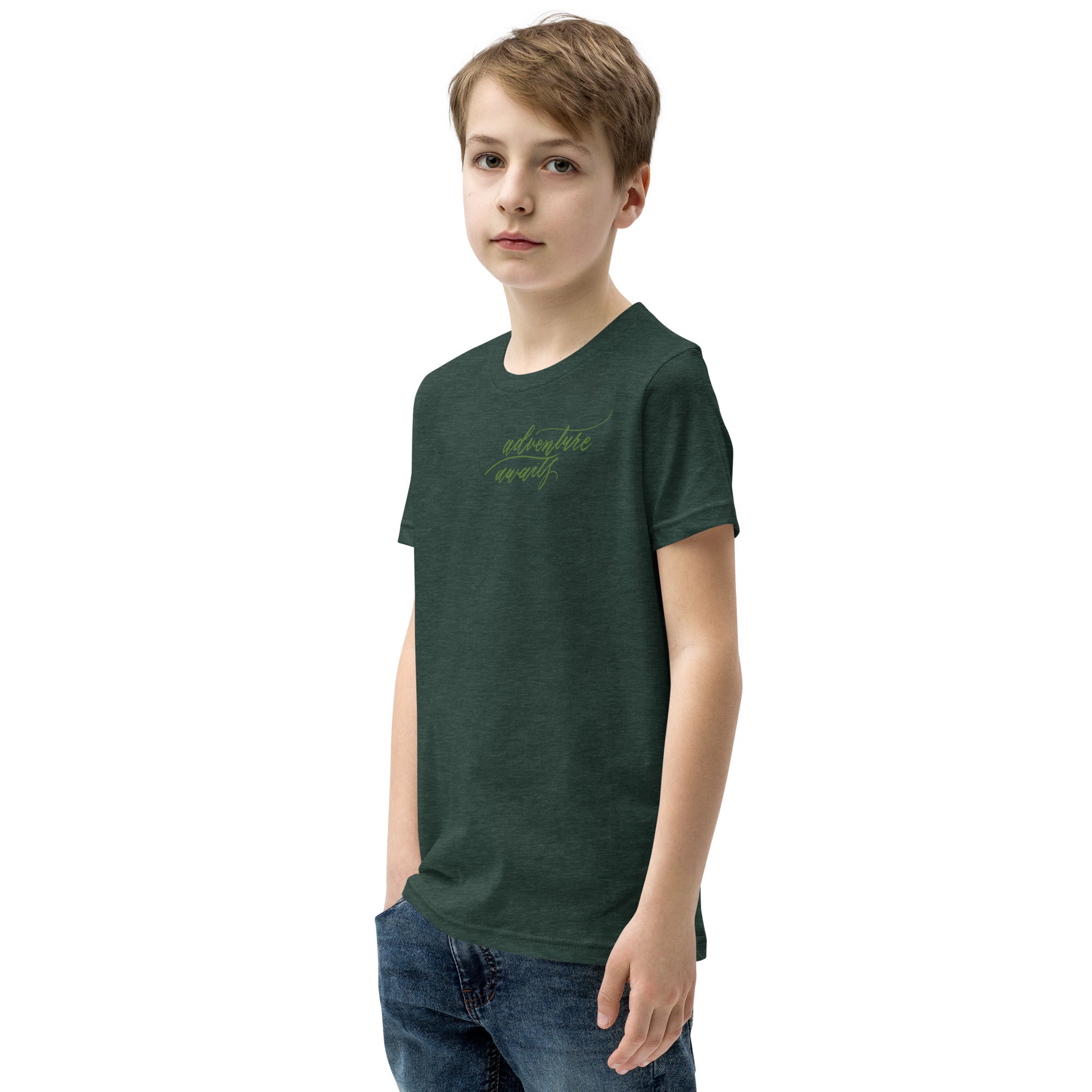 YOUTH SIZES - Script "Adventure Awaits" Green Calligraphy Printed Kids Short Sleeve T-Shirt