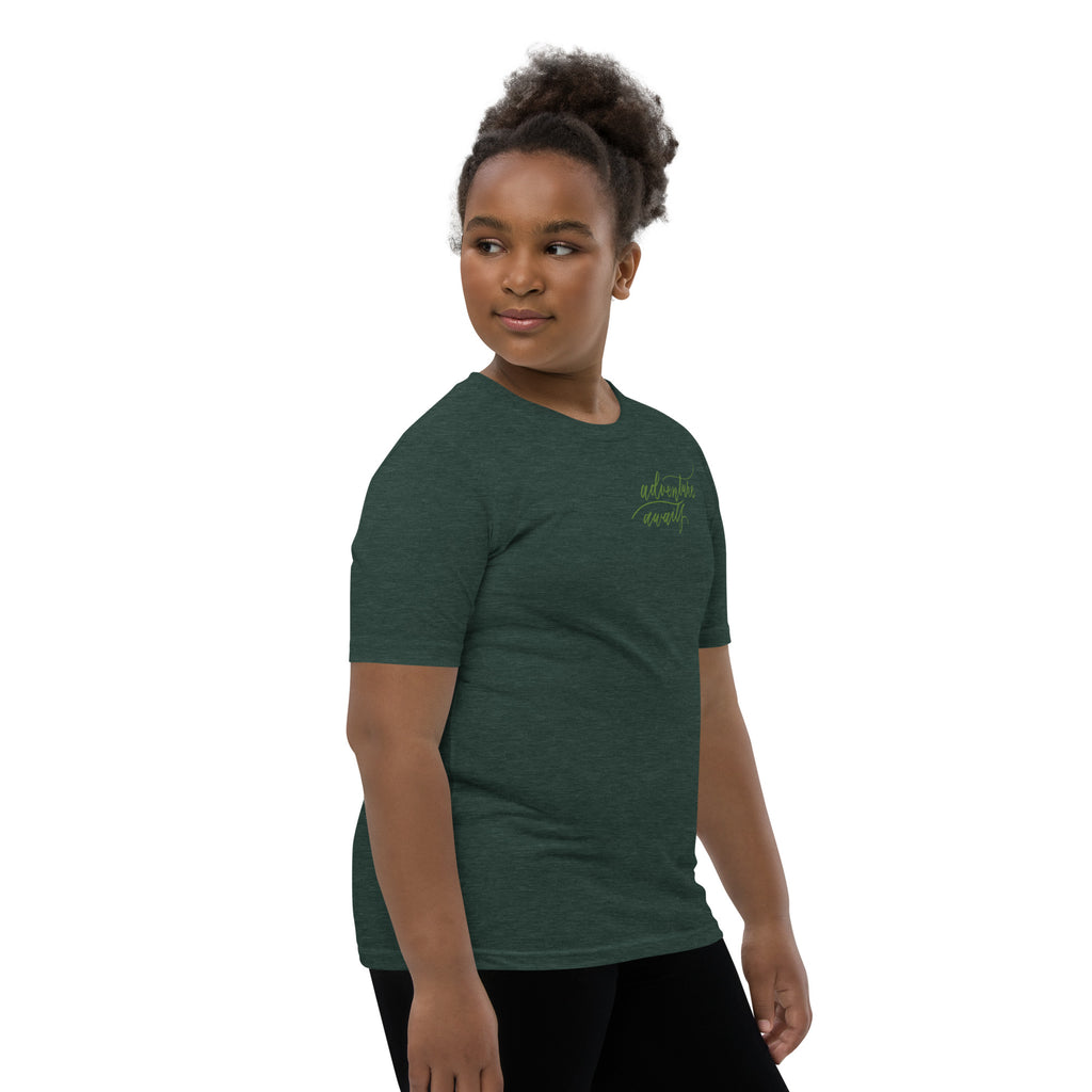 YOUTH SIZES - Script "Adventure Awaits" Green Calligraphy Printed Kids Short Sleeve T-Shirt