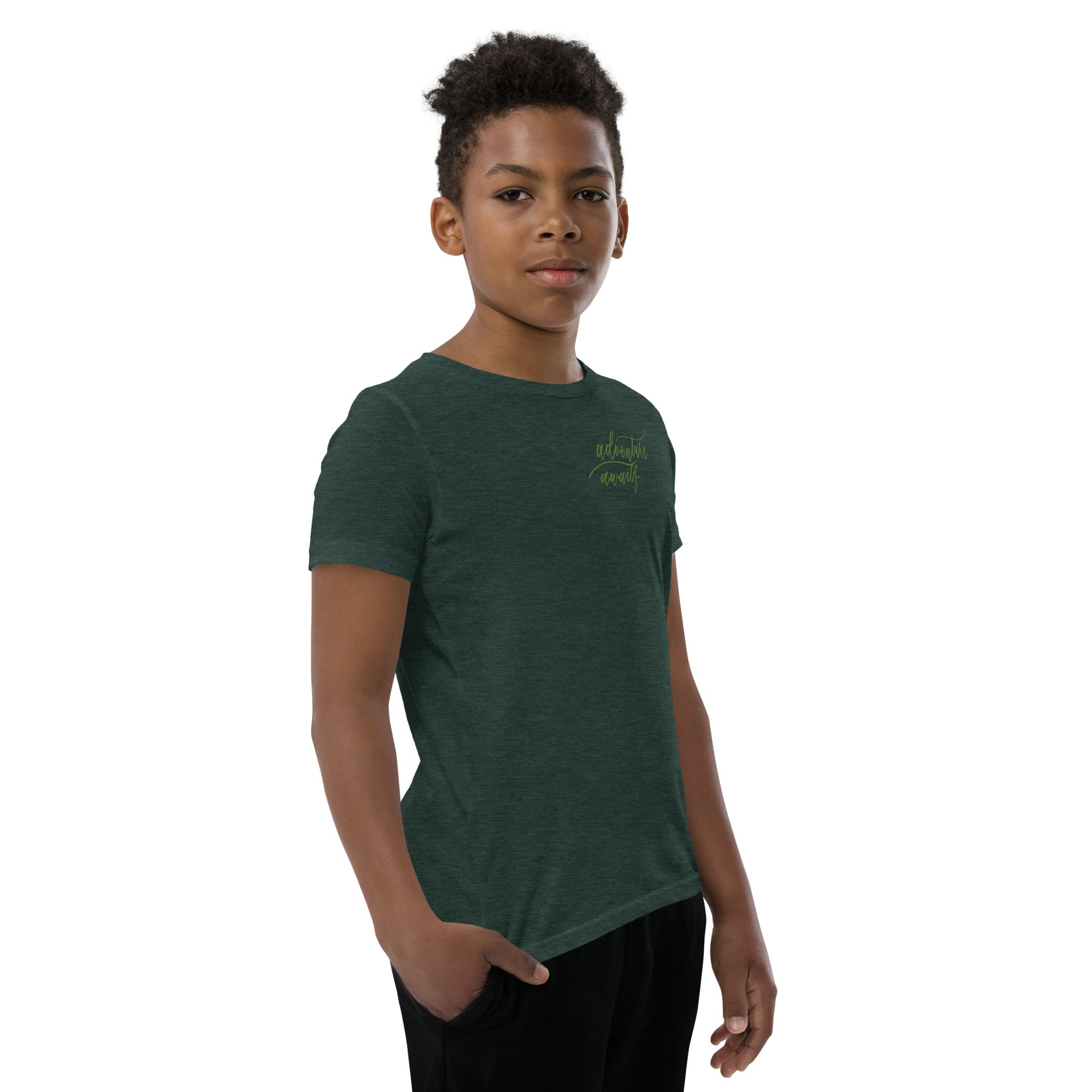 YOUTH SIZES - Script "Adventure Awaits" Green Calligraphy Printed Kids Short Sleeve T-Shirt