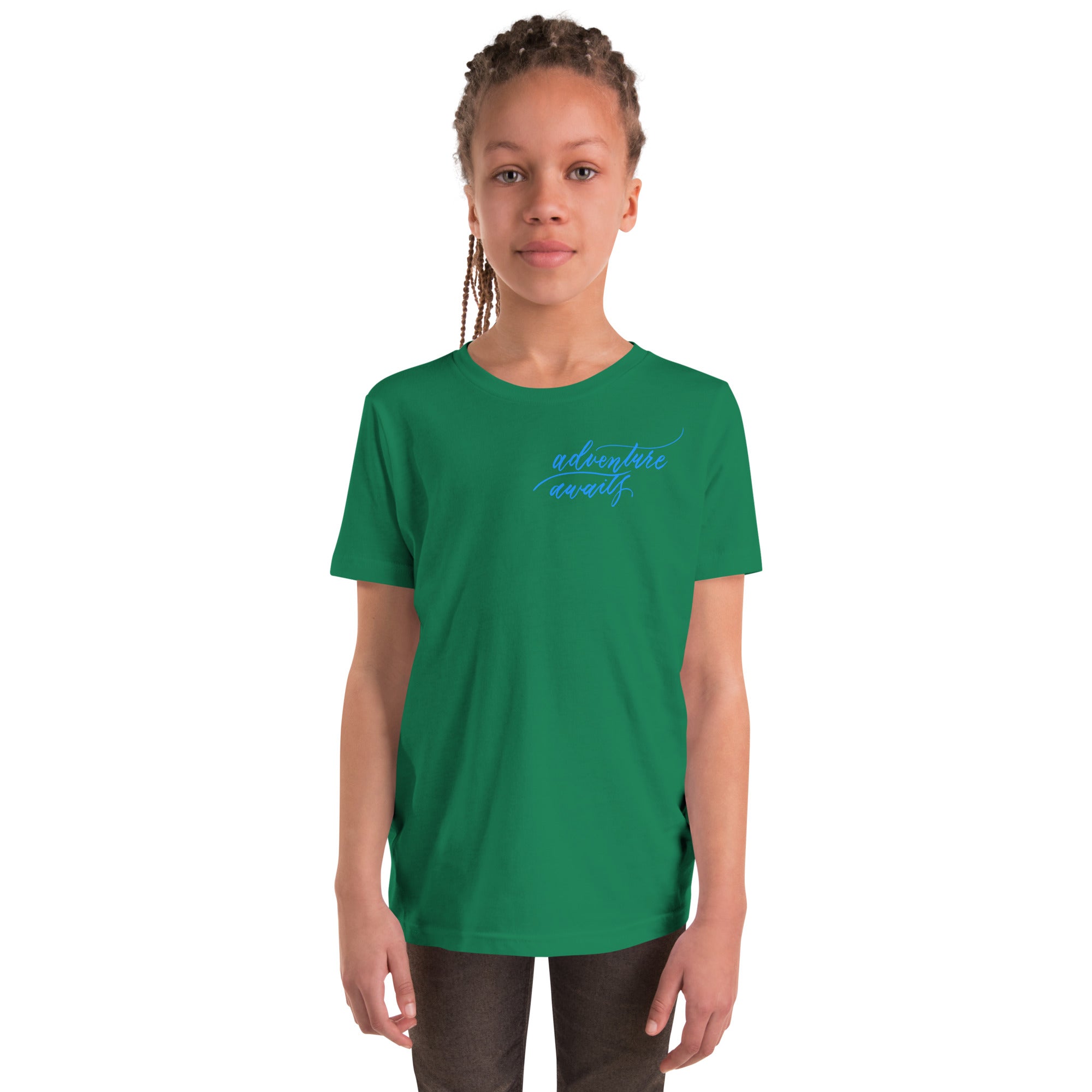 YOUTH SIZES - Script "Adventure Awaits" Bright Blue Calligraphy Printed Kids Short Sleeve T-Shirt
