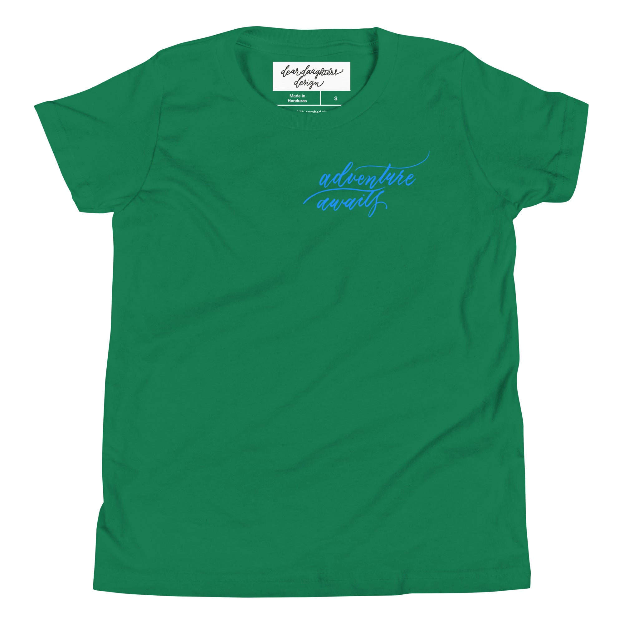 YOUTH SIZES - Script "Adventure Awaits" Bright Blue Calligraphy Printed Kids Short Sleeve T-Shirt