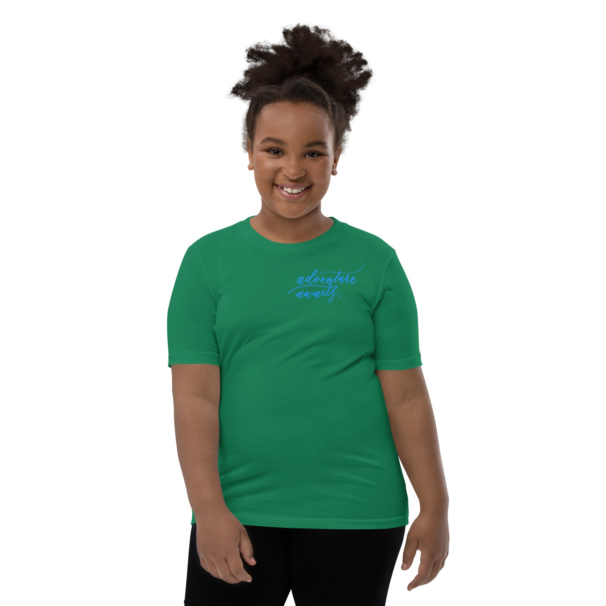 YOUTH SIZES - Script "Adventure Awaits" Bright Blue Calligraphy Printed Kids Short Sleeve T-Shirt