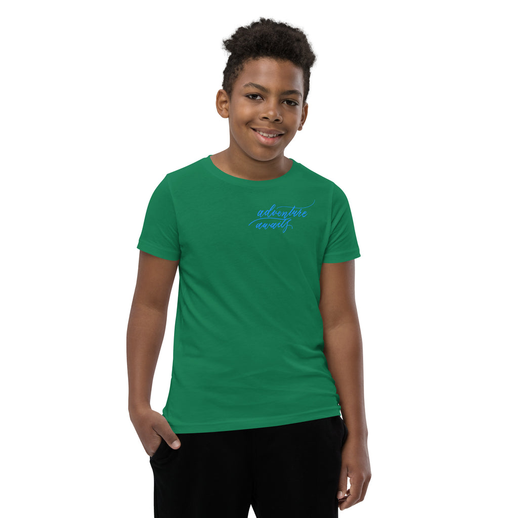 YOUTH SIZES - Script "Adventure Awaits" Bright Blue Calligraphy Printed Kids Short Sleeve T-Shirt