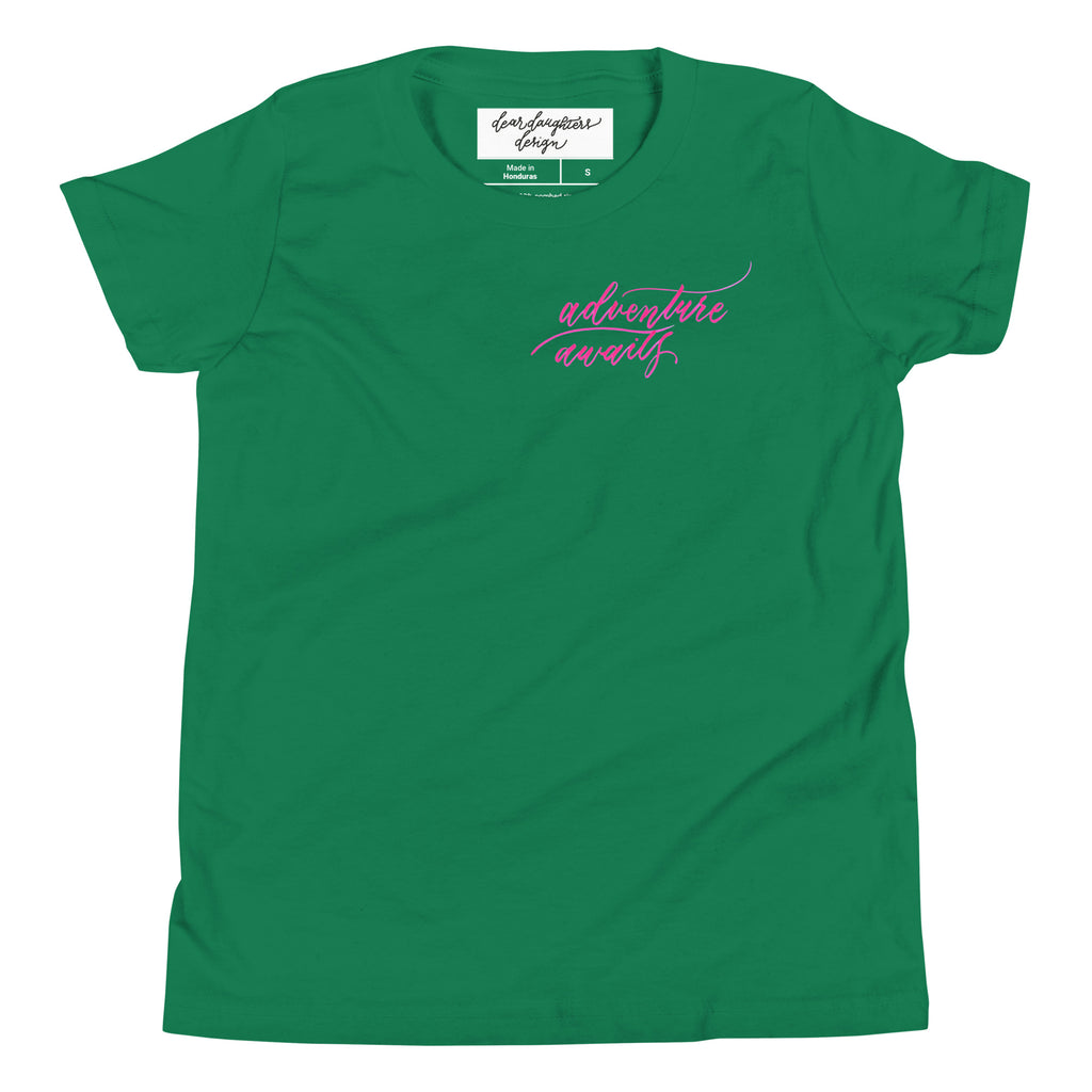 YOUTH SIZES - Script "Adventure Awaits" Pink Calligraphy Printed Kids Short Sleeve T-Shirt