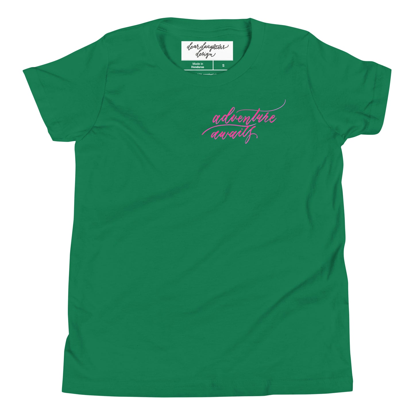 Script "Adventure Awaits" Pink Calligraphy Printed Youth Short Sleeve T-Shirt