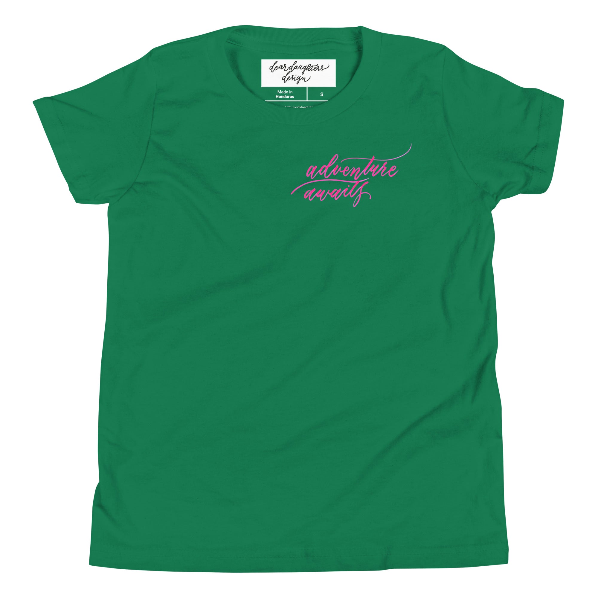 YOUTH SIZES - Script "Adventure Awaits" Pink Calligraphy Printed Kids Short Sleeve T-Shirt