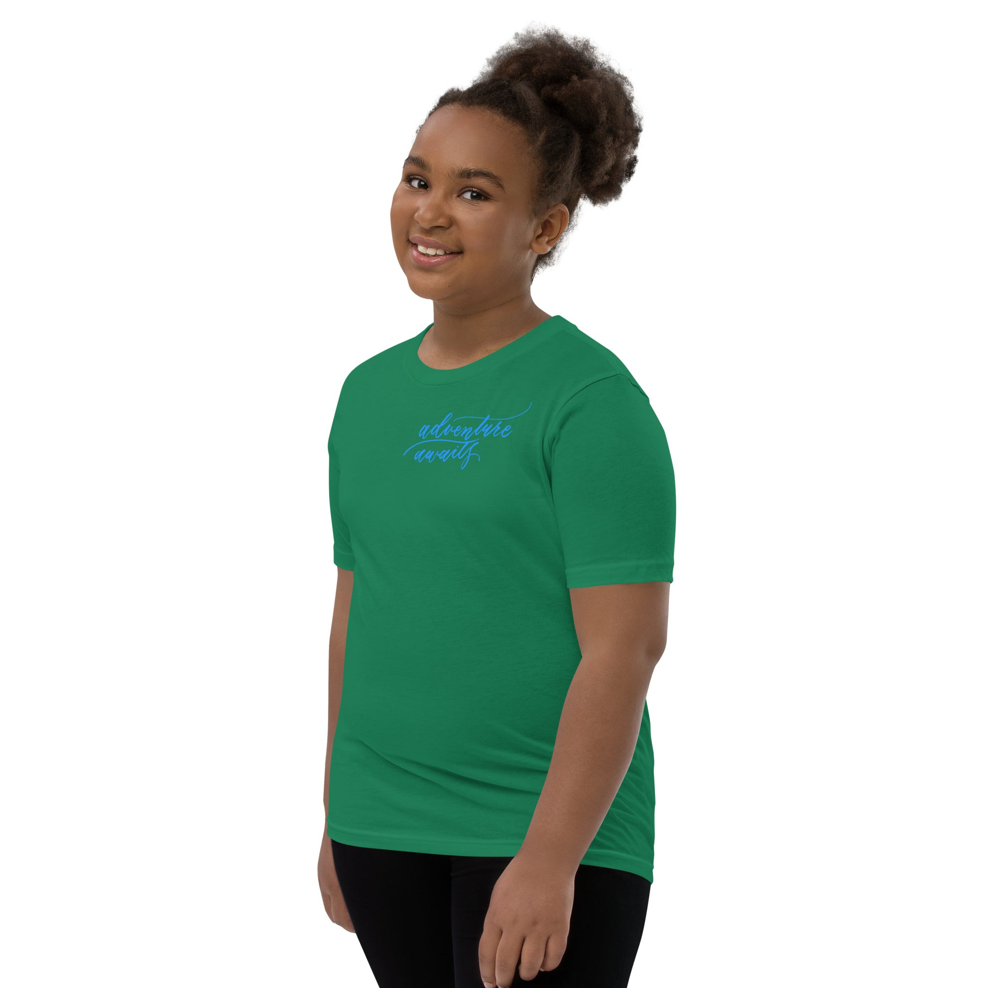 YOUTH SIZES - Script "Adventure Awaits" Bright Blue Calligraphy Printed Kids Short Sleeve T-Shirt