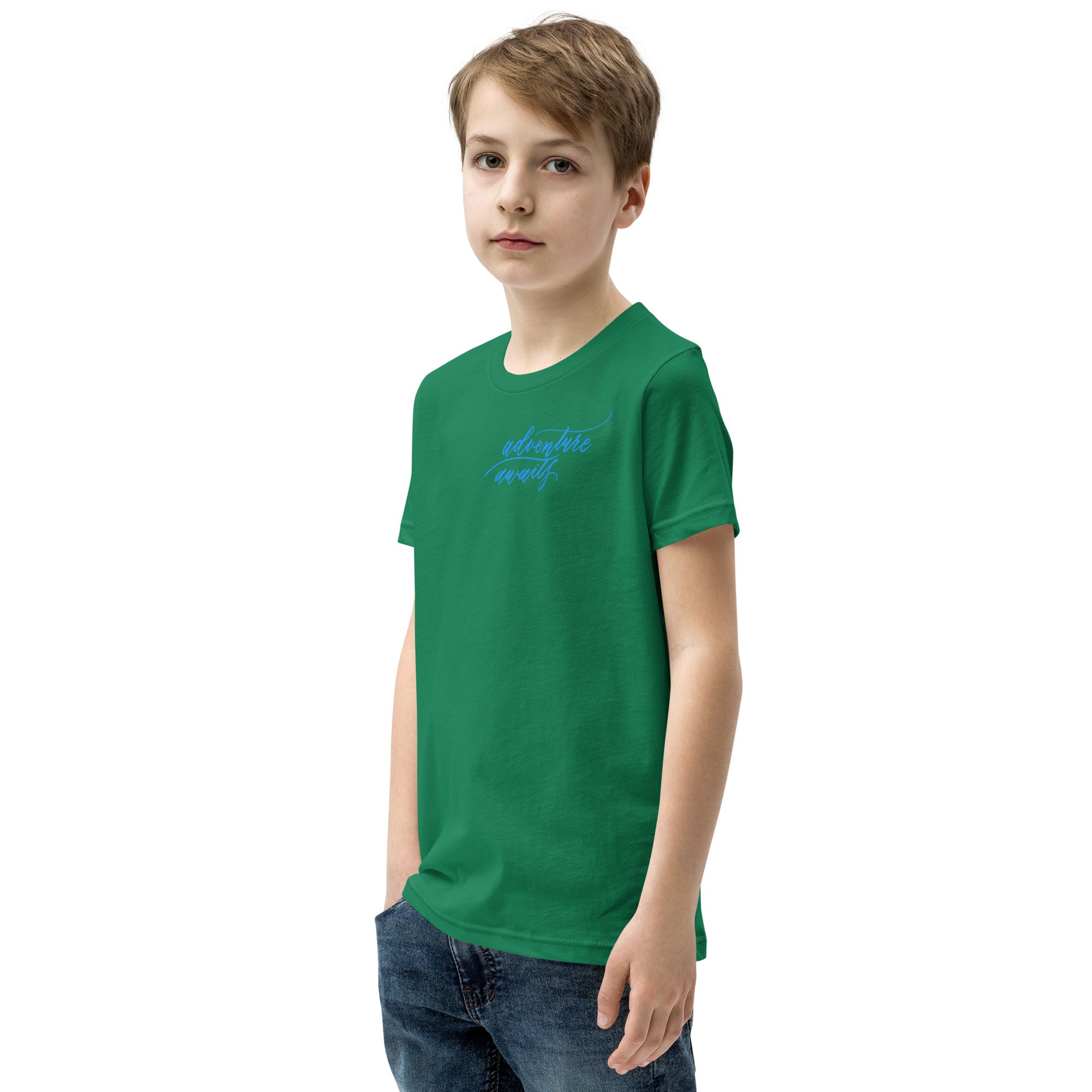 YOUTH SIZES - Script "Adventure Awaits" Bright Blue Calligraphy Printed Kids Short Sleeve T-Shirt