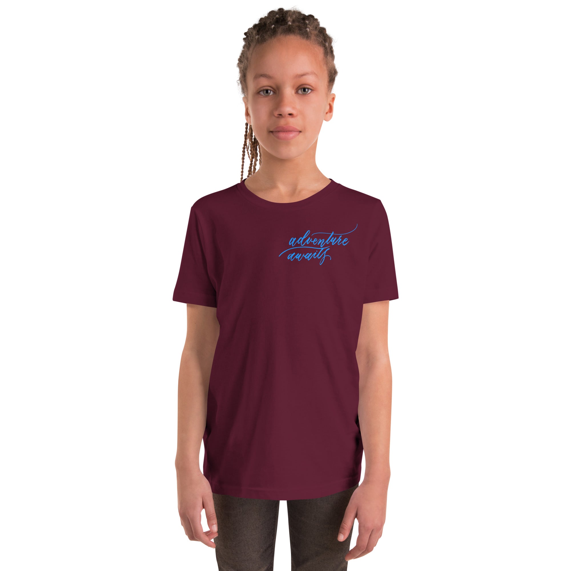 YOUTH SIZES - Script "Adventure Awaits" Bright Blue Calligraphy Printed Kids Short Sleeve T-Shirt