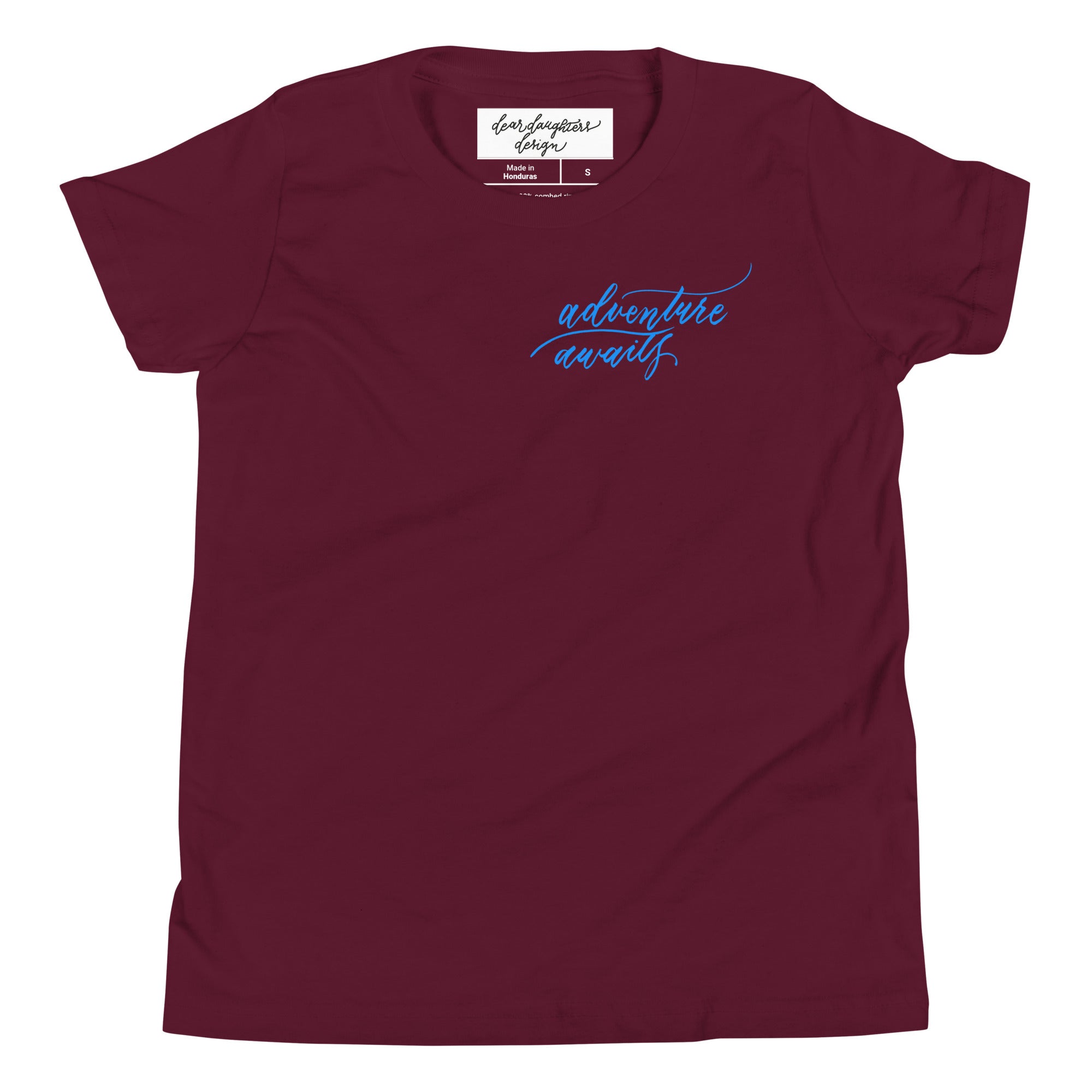 YOUTH SIZES - Script "Adventure Awaits" Bright Blue Calligraphy Printed Kids Short Sleeve T-Shirt