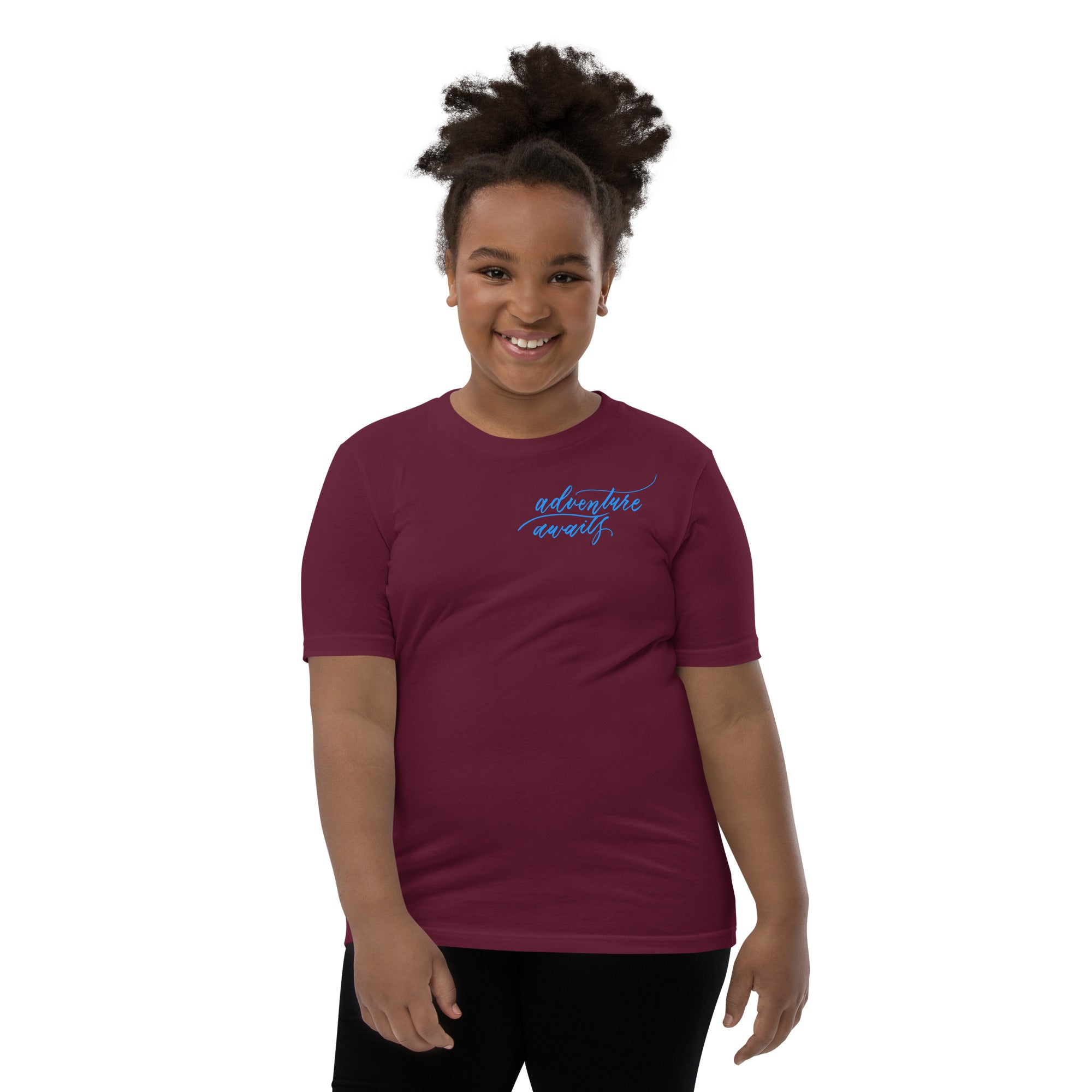 YOUTH SIZES - Script "Adventure Awaits" Bright Blue Calligraphy Printed Kids Short Sleeve T-Shirt