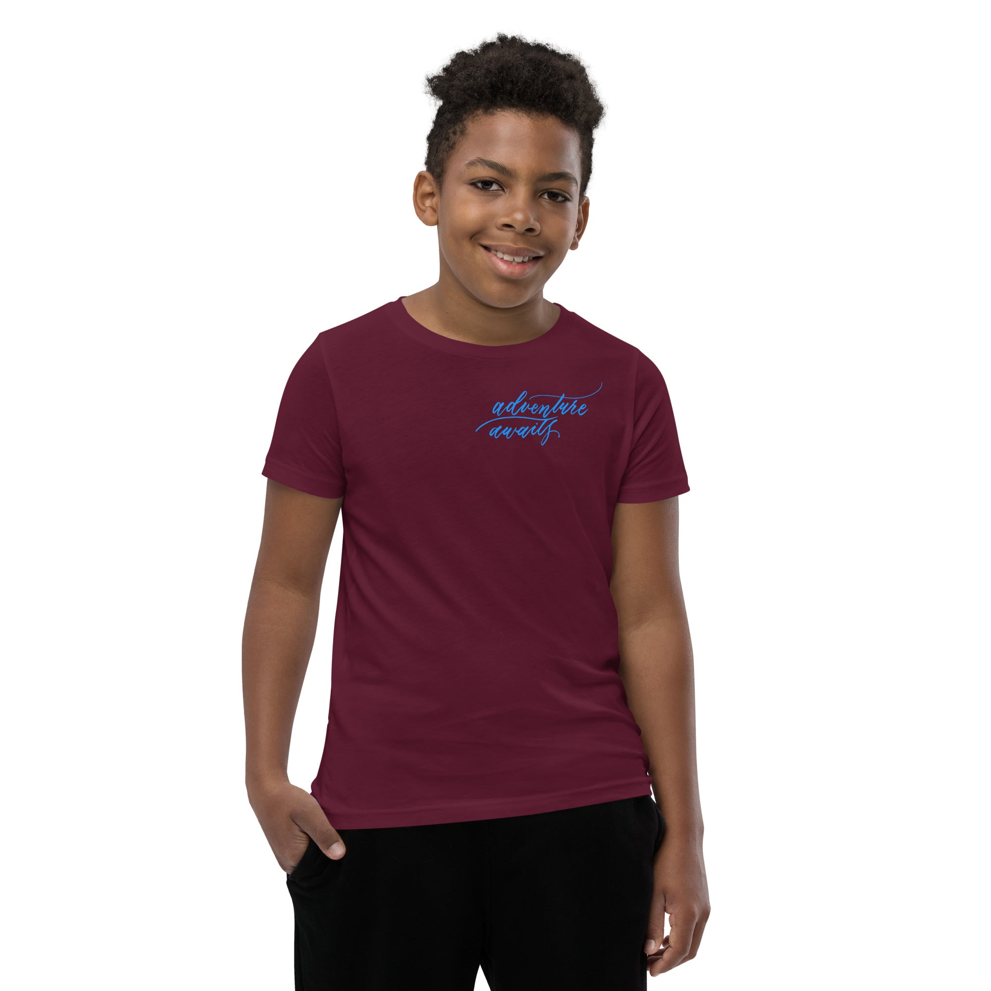 YOUTH SIZES - Script "Adventure Awaits" Bright Blue Calligraphy Printed Kids Short Sleeve T-Shirt