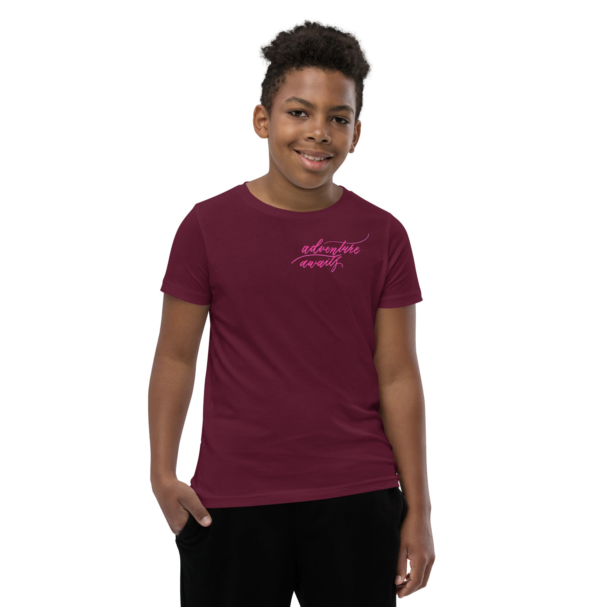 YOUTH SIZES - Script "Adventure Awaits" Pink Calligraphy Printed Kids Short Sleeve T-Shirt