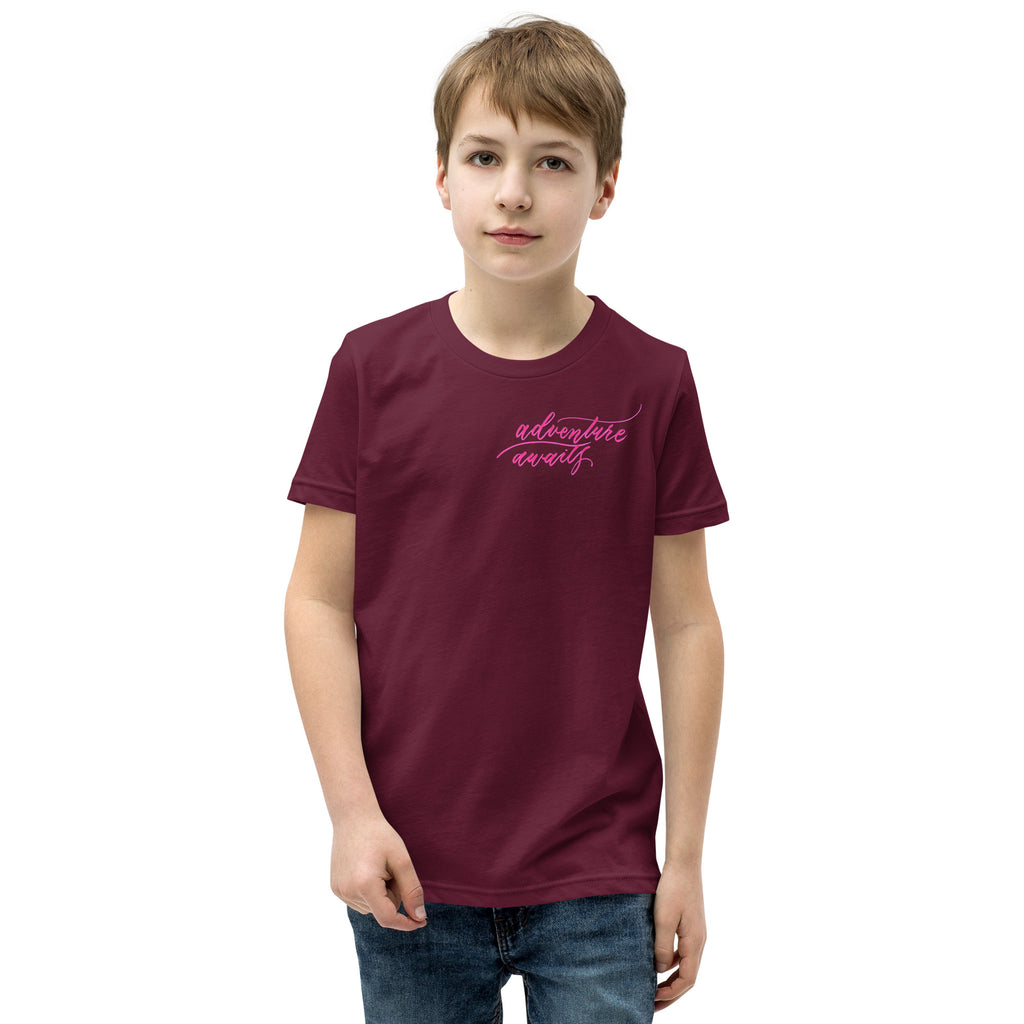 YOUTH SIZES - Script "Adventure Awaits" Pink Calligraphy Printed Kids Short Sleeve T-Shirt