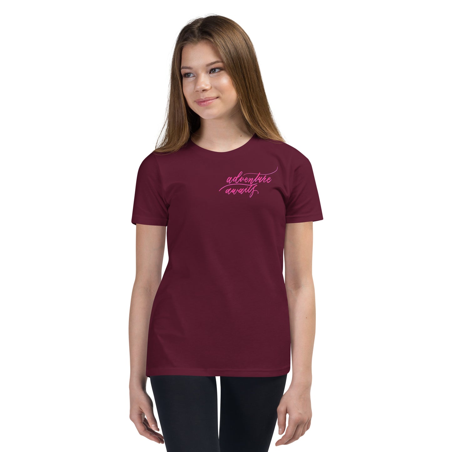 Script "Adventure Awaits" Pink Calligraphy Printed Youth Short Sleeve T-Shirt