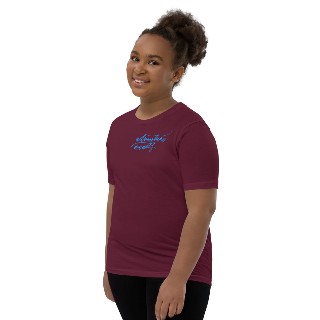 YOUTH SIZES - Script "Adventure Awaits" Bright Blue Calligraphy Printed Kids Short Sleeve T-Shirt
