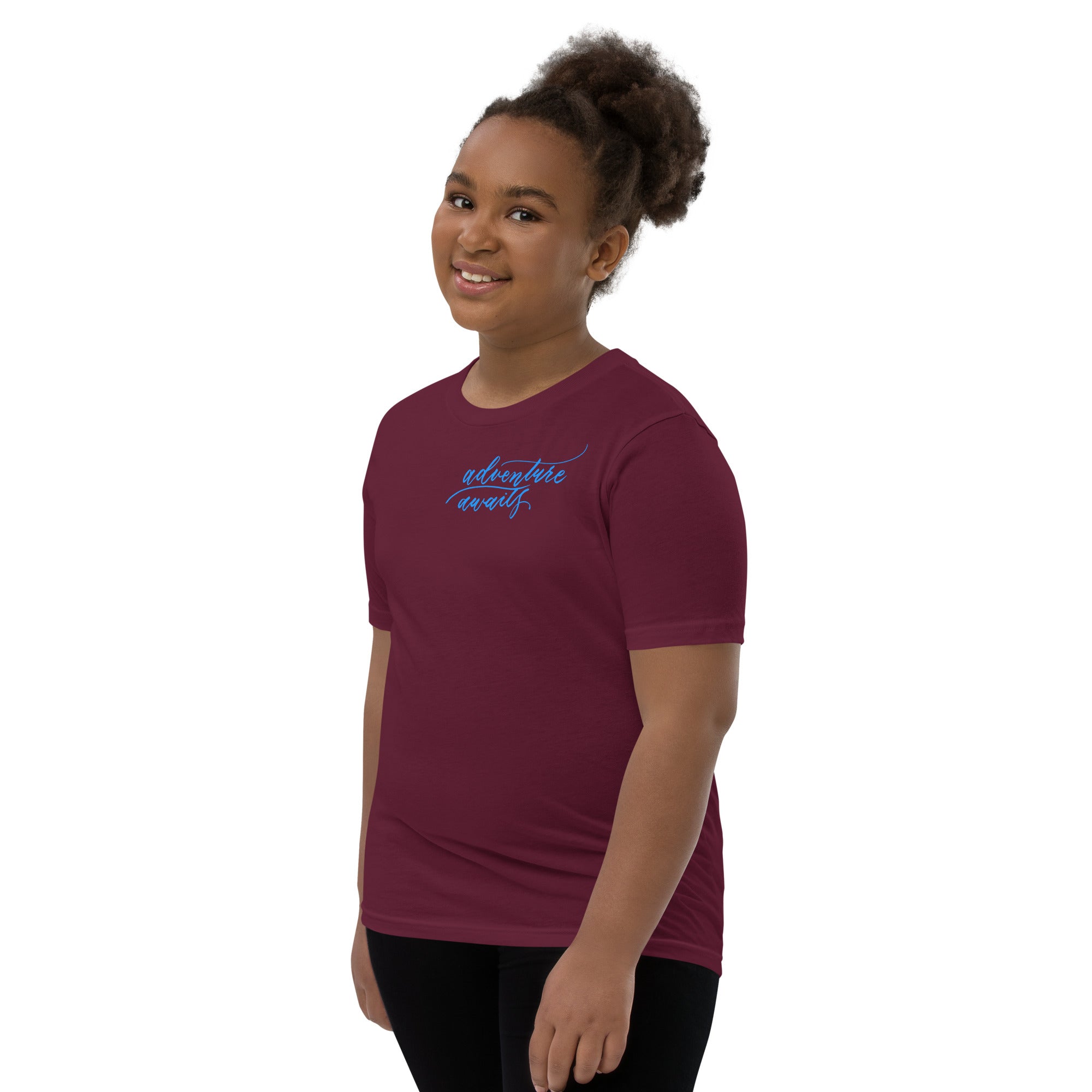 YOUTH SIZES - Script "Adventure Awaits" Bright Blue Calligraphy Printed Kids Short Sleeve T-Shirt