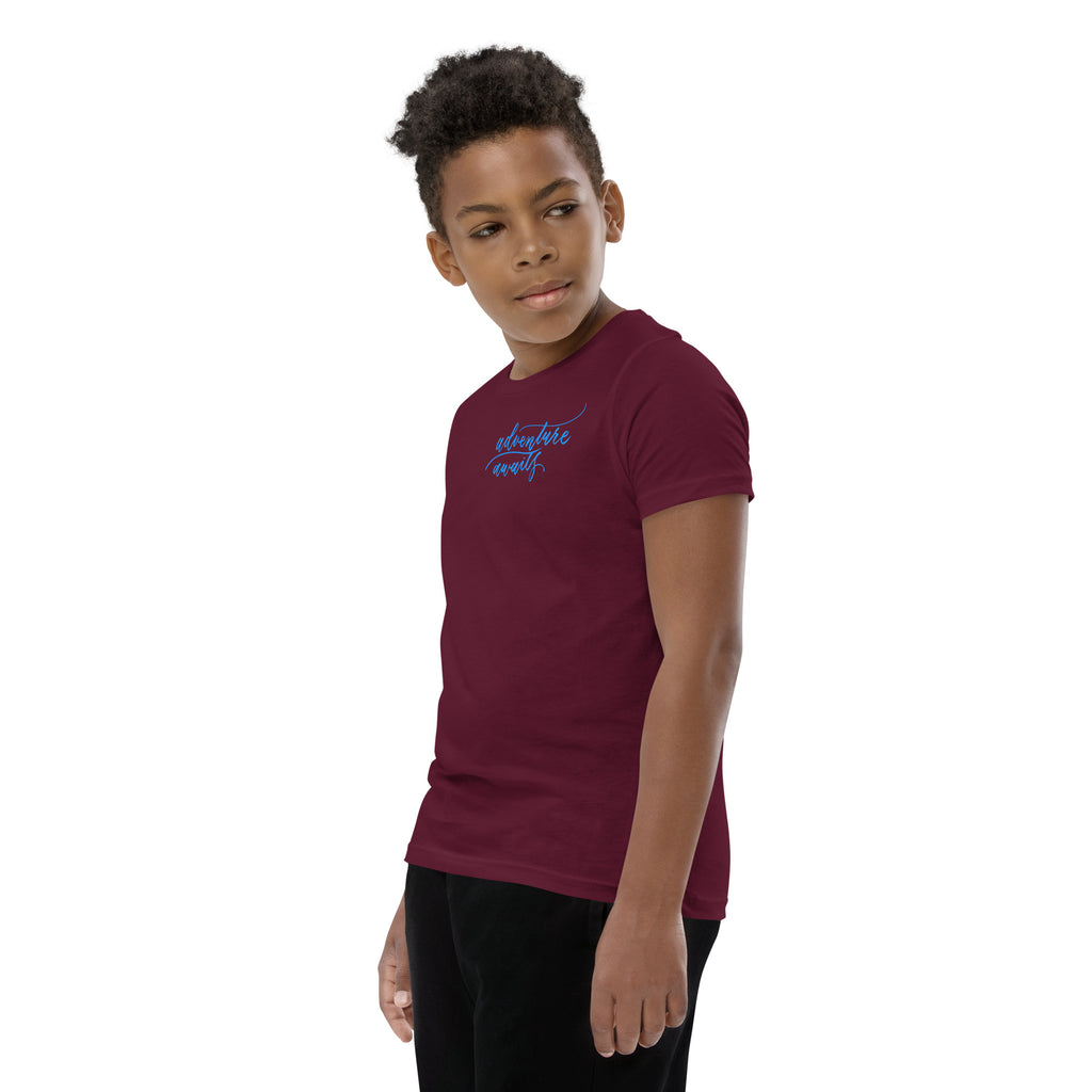 YOUTH SIZES - Script "Adventure Awaits" Bright Blue Calligraphy Printed Kids Short Sleeve T-Shirt