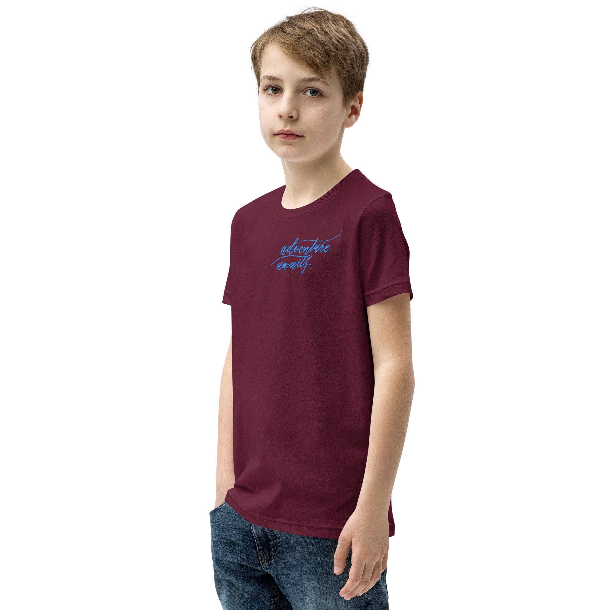YOUTH SIZES - Script "Adventure Awaits" Bright Blue Calligraphy Printed Kids Short Sleeve T-Shirt