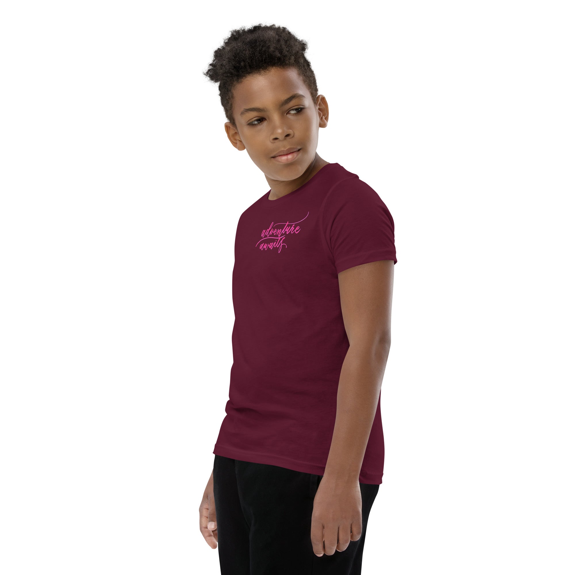 YOUTH SIZES - Script "Adventure Awaits" Pink Calligraphy Printed Kids Short Sleeve T-Shirt