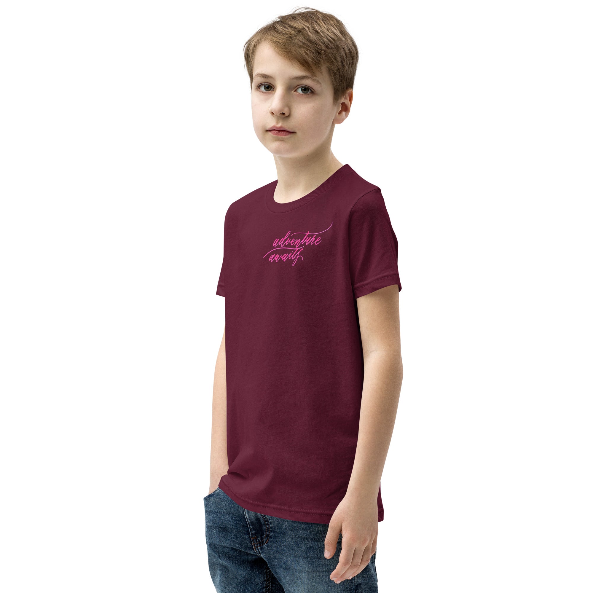 YOUTH SIZES - Script "Adventure Awaits" Pink Calligraphy Printed Kids Short Sleeve T-Shirt