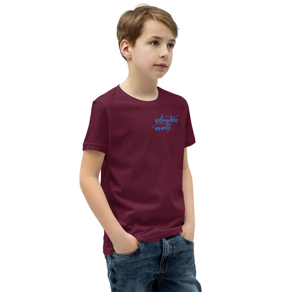 YOUTH SIZES - Script "Adventure Awaits" Bright Blue Calligraphy Printed Kids Short Sleeve T-Shirt