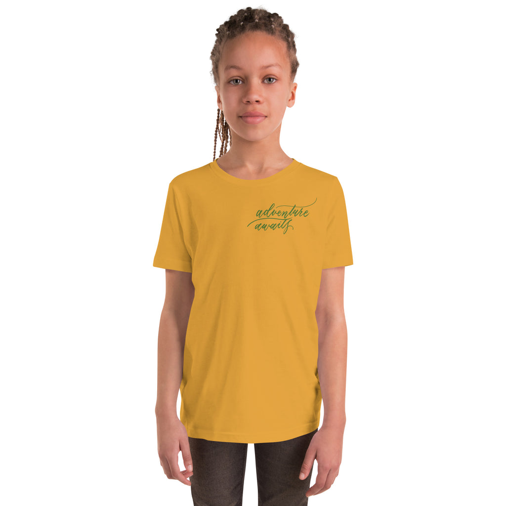 YOUTH SIZES - Script "Adventure Awaits" Green Calligraphy Printed Kids Short Sleeve T-Shirt