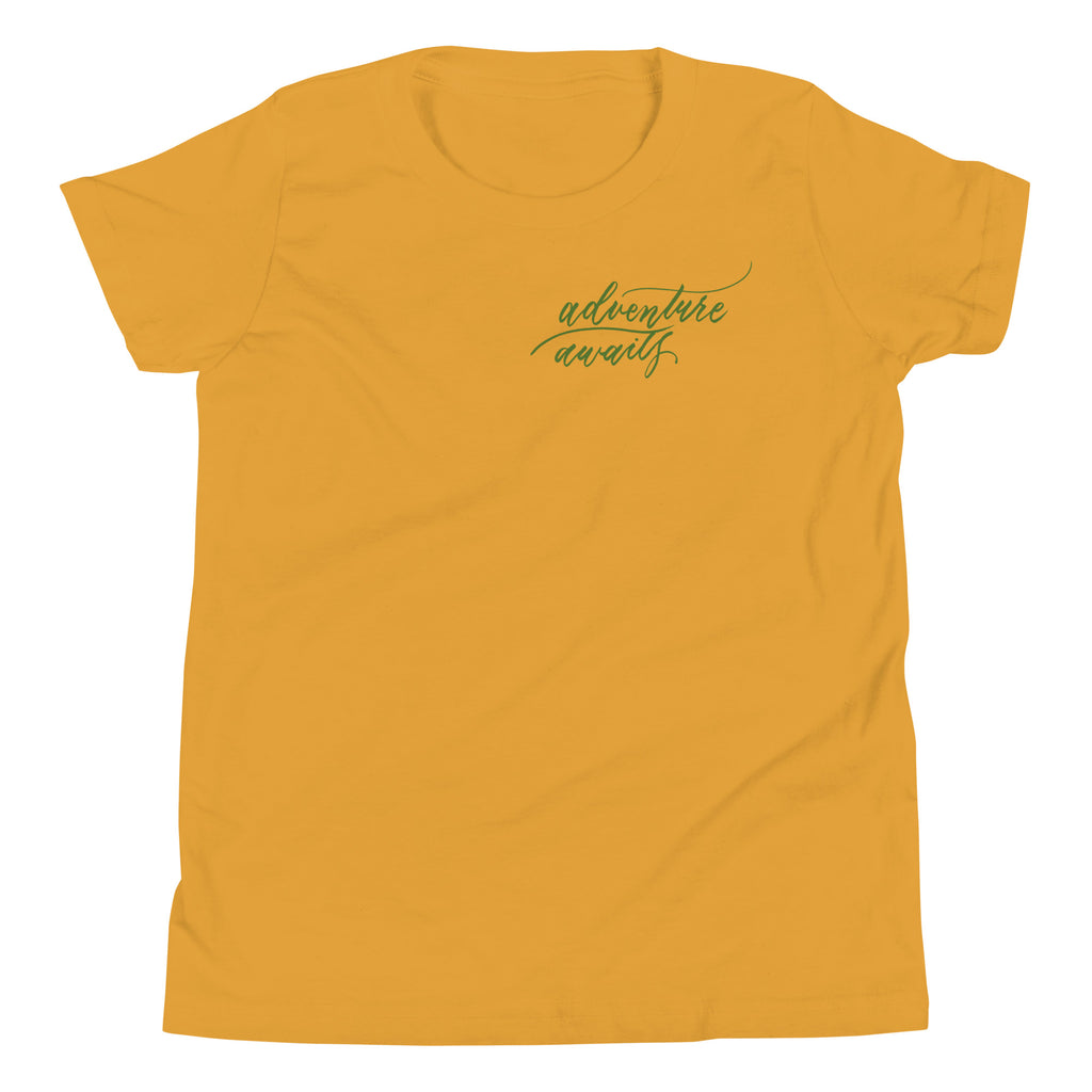 YOUTH SIZES - Script "Adventure Awaits" Green Calligraphy Printed Kids Short Sleeve T-Shirt