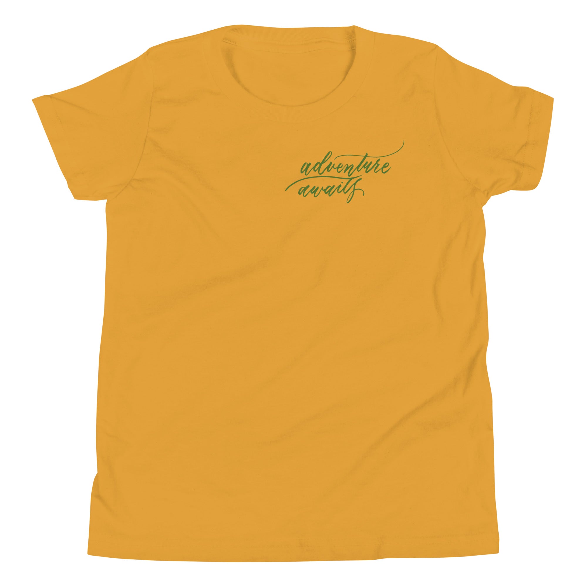 YOUTH SIZES - Script "Adventure Awaits" Green Calligraphy Printed Kids Short Sleeve T-Shirt