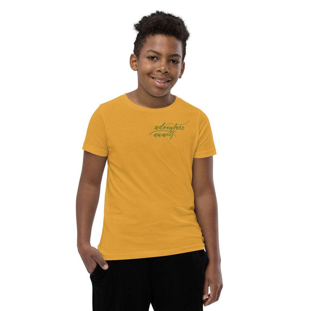YOUTH SIZES - Script "Adventure Awaits" Green Calligraphy Printed Kids Short Sleeve T-Shirt