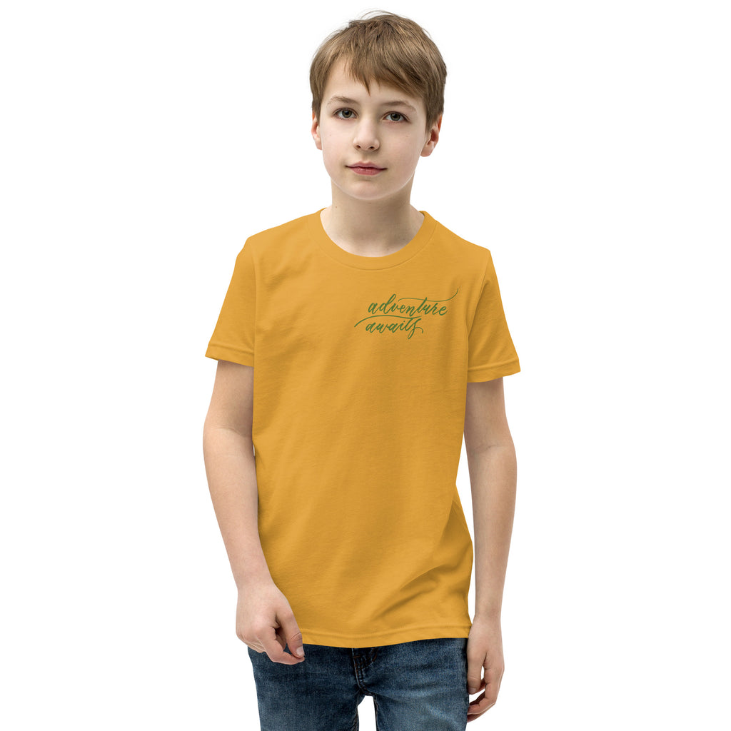 YOUTH SIZES - Script "Adventure Awaits" Green Calligraphy Printed Kids Short Sleeve T-Shirt