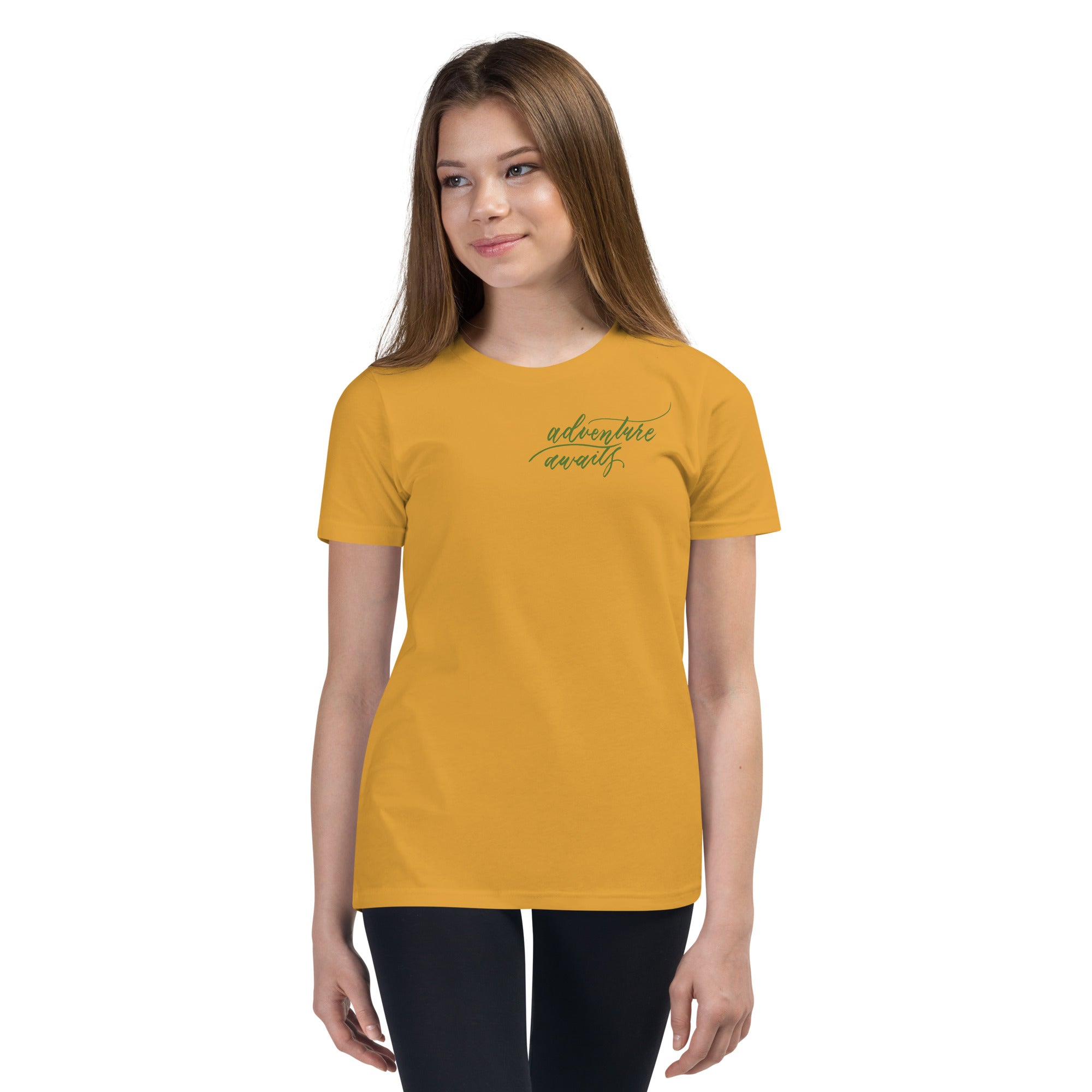 YOUTH SIZES - Script "Adventure Awaits" Green Calligraphy Printed Kids Short Sleeve T-Shirt