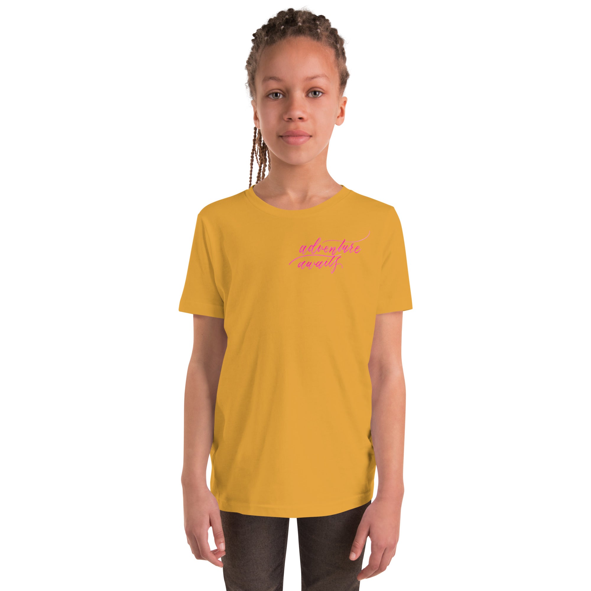 YOUTH SIZES - Script "Adventure Awaits" Pink Calligraphy Printed Kids Short Sleeve T-Shirt