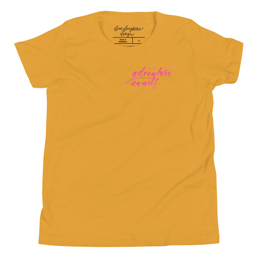 YOUTH SIZES - Script "Adventure Awaits" Pink Calligraphy Printed Kids Short Sleeve T-Shirt