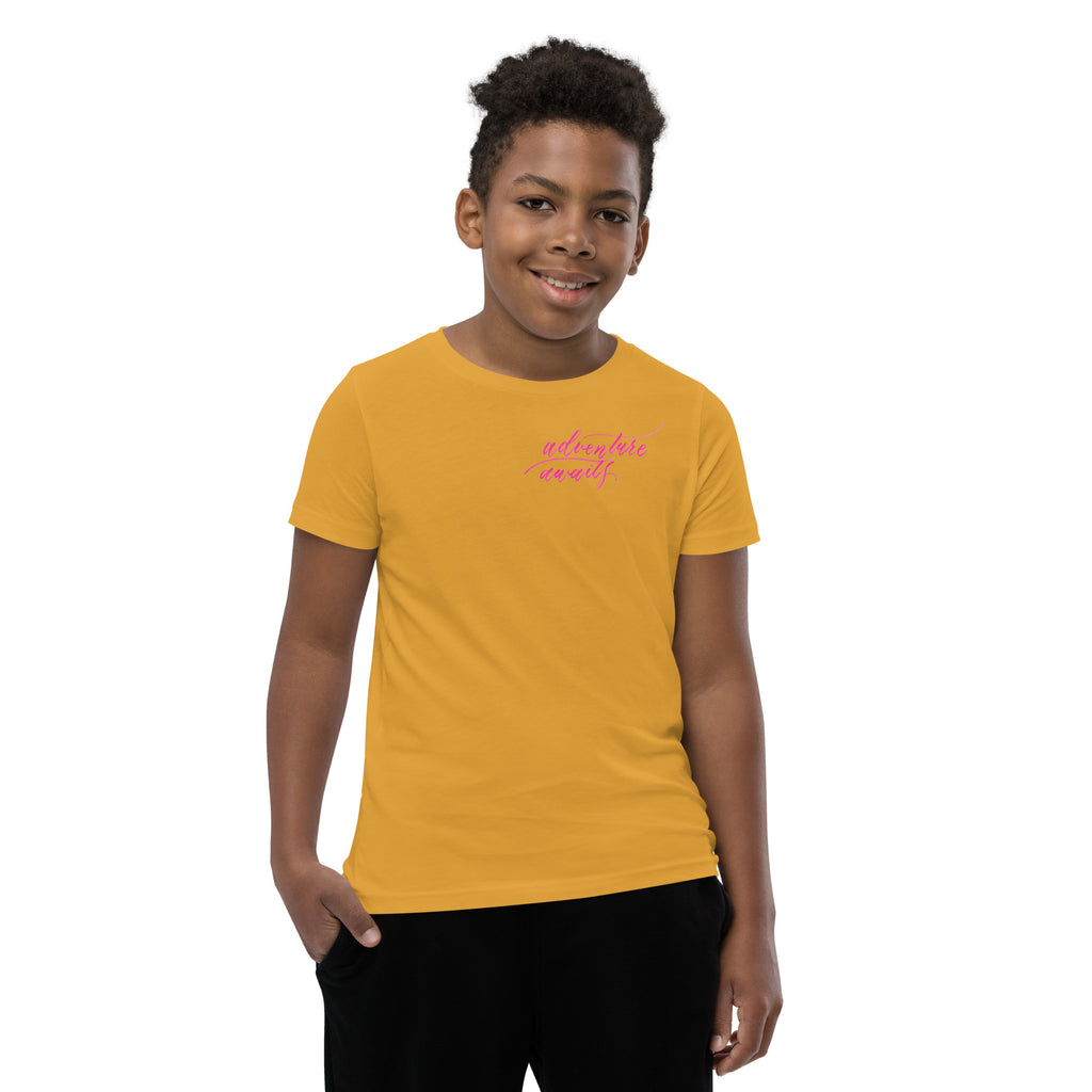 YOUTH SIZES - Script "Adventure Awaits" Pink Calligraphy Printed Kids Short Sleeve T-Shirt