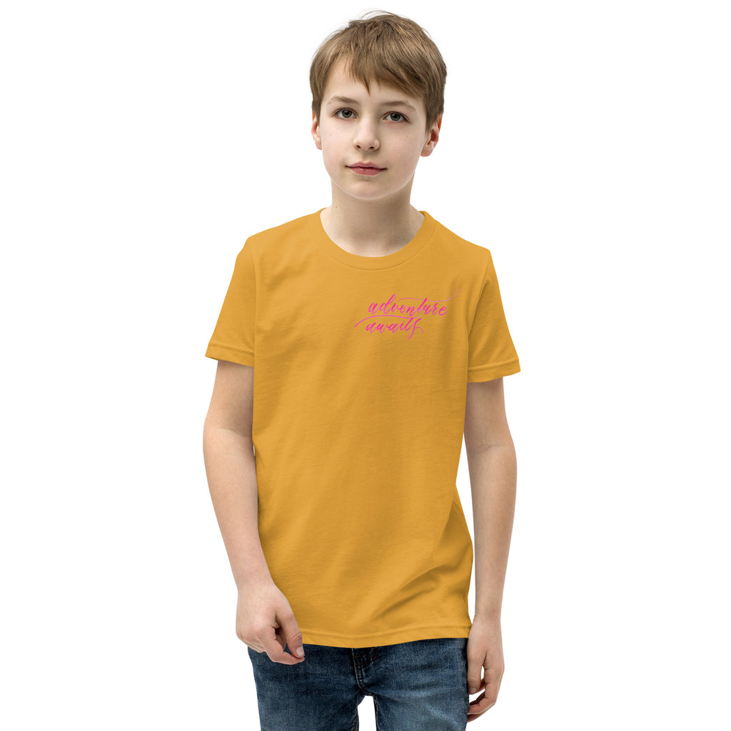 YOUTH SIZES - Script "Adventure Awaits" Pink Calligraphy Printed Kids Short Sleeve T-Shirt