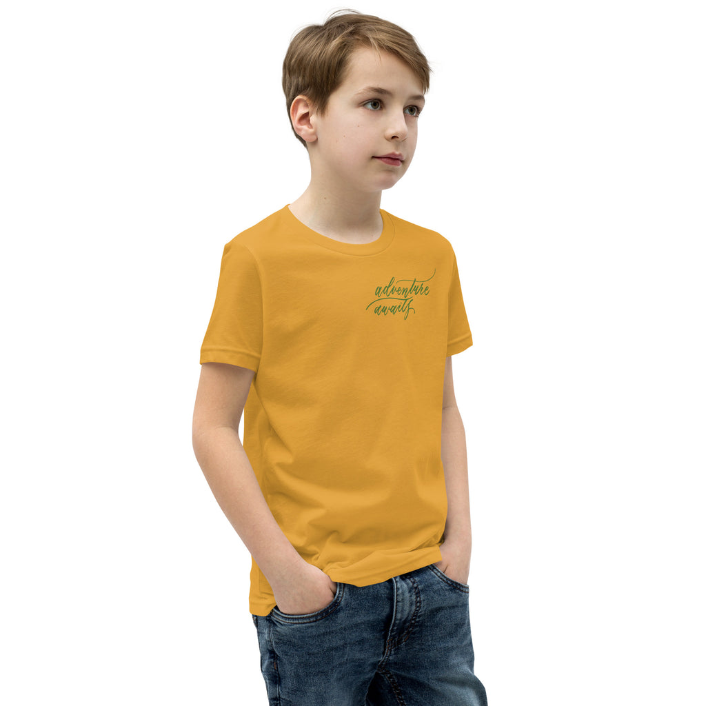 YOUTH SIZES - Script "Adventure Awaits" Green Calligraphy Printed Kids Short Sleeve T-Shirt