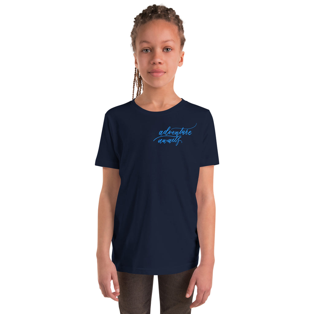 YOUTH SIZES - Script "Adventure Awaits" Bright Blue Calligraphy Printed Kids Short Sleeve T-Shirt