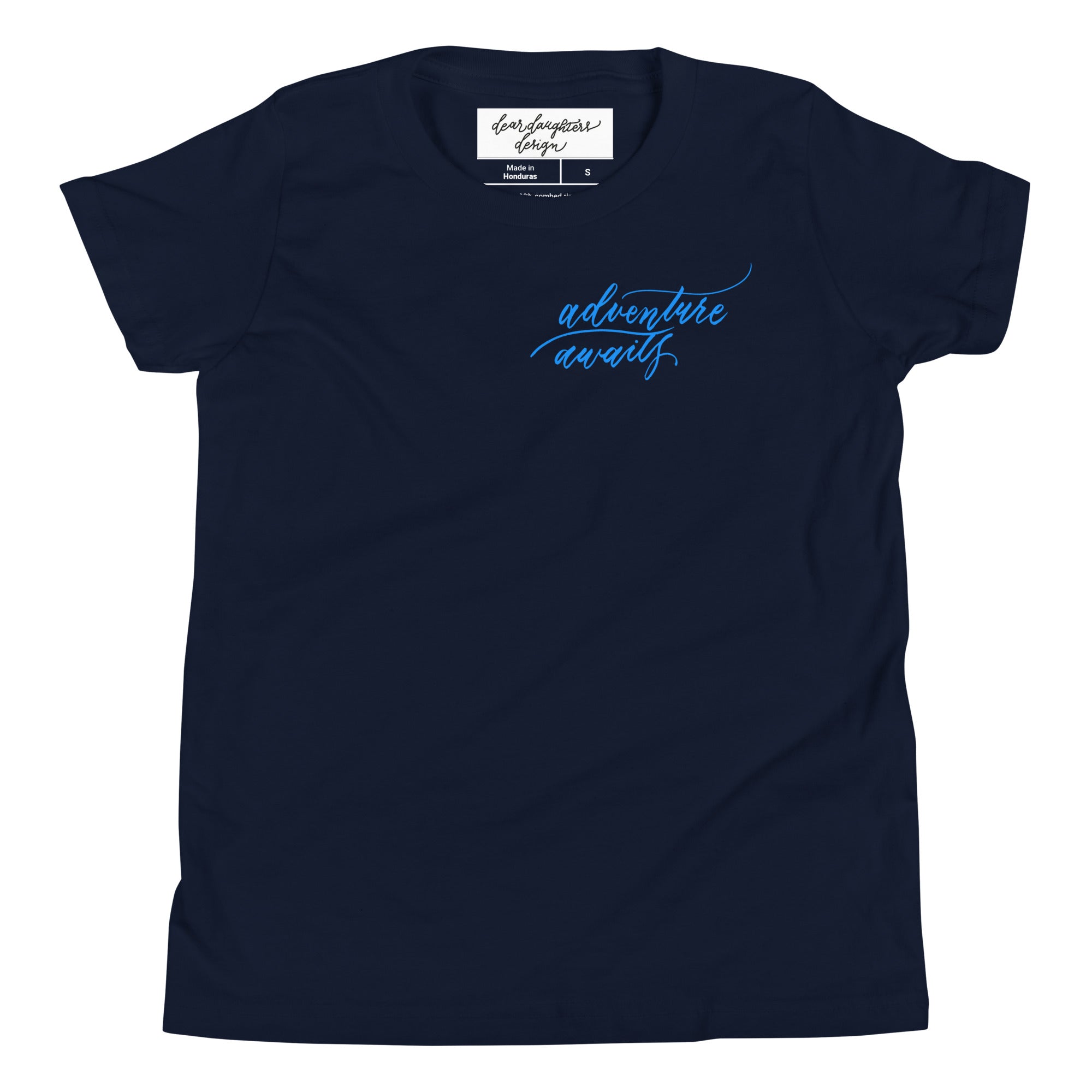 YOUTH SIZES - Script "Adventure Awaits" Bright Blue Calligraphy Printed Kids Short Sleeve T-Shirt
