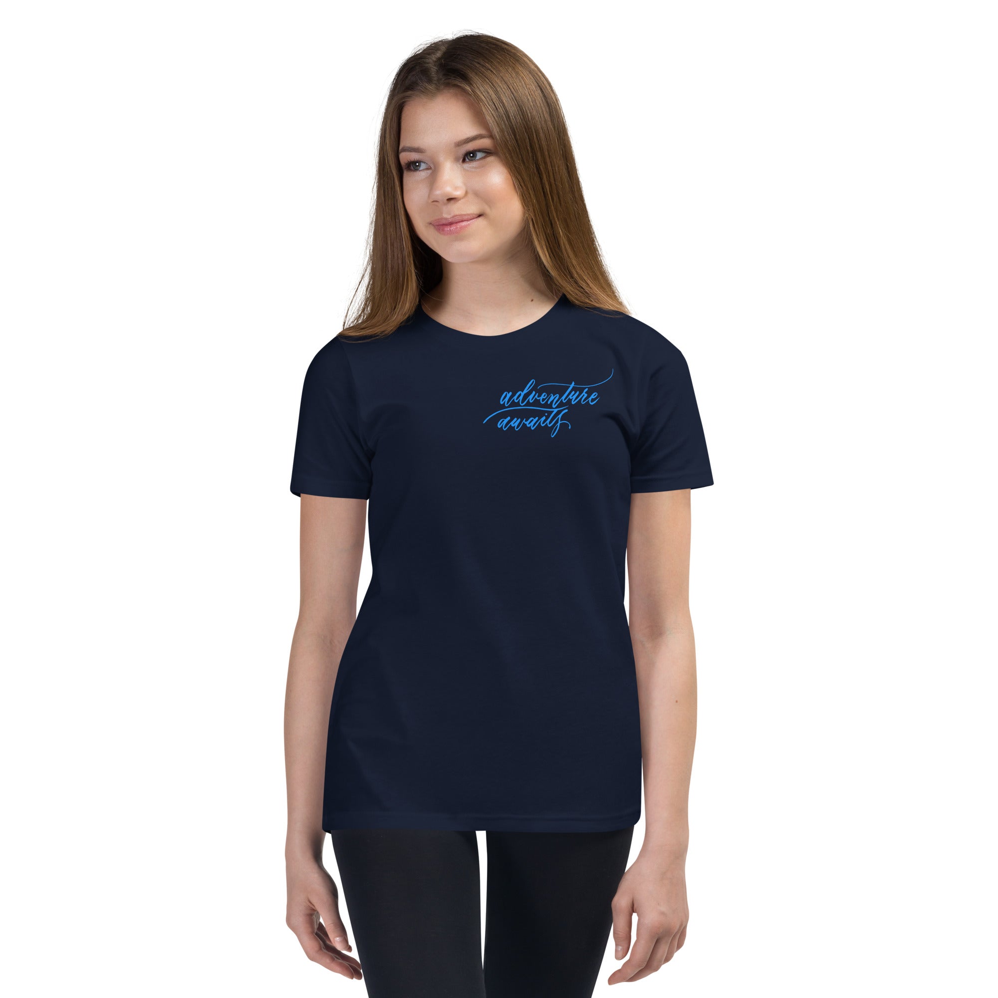 YOUTH SIZES - Script "Adventure Awaits" Bright Blue Calligraphy Printed Kids Short Sleeve T-Shirt