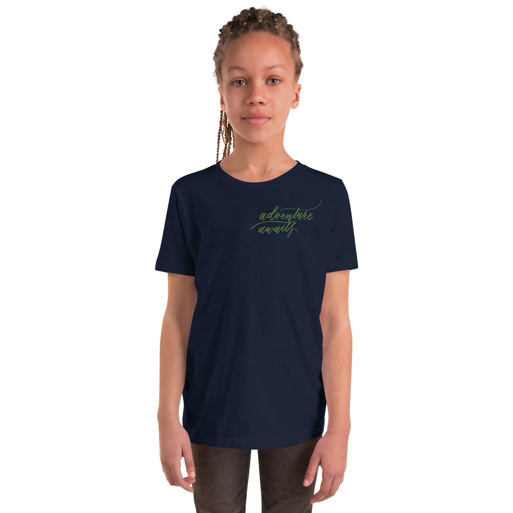 YOUTH SIZES - Script "Adventure Awaits" Green Calligraphy Printed Kids Short Sleeve T-Shirt